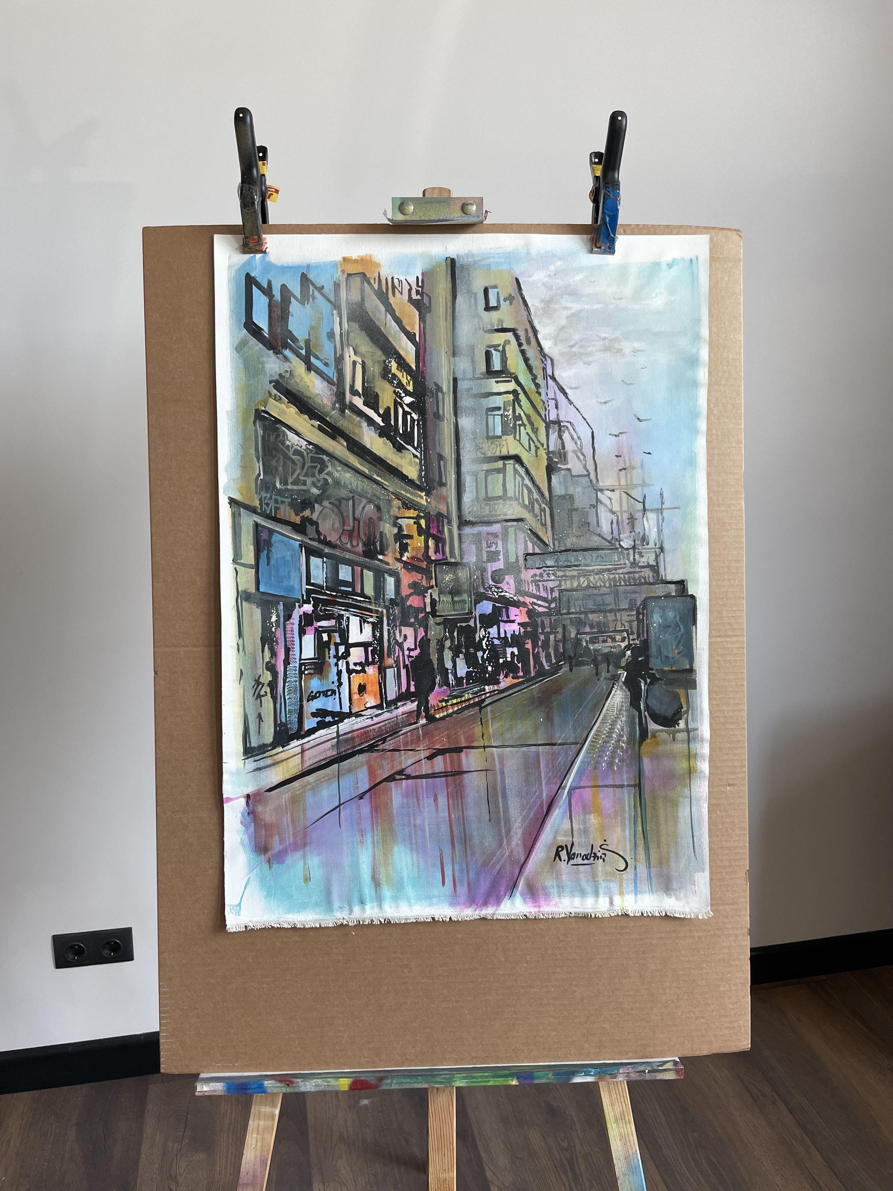 Acrylics on Canvas.  â€žI like to go to the busy parts of a city- the pedestrian zones, market halls, usual meeting places. Cities are often rigid and unmoving places in spite of their impressive architecture. Every bit of this earth has its own