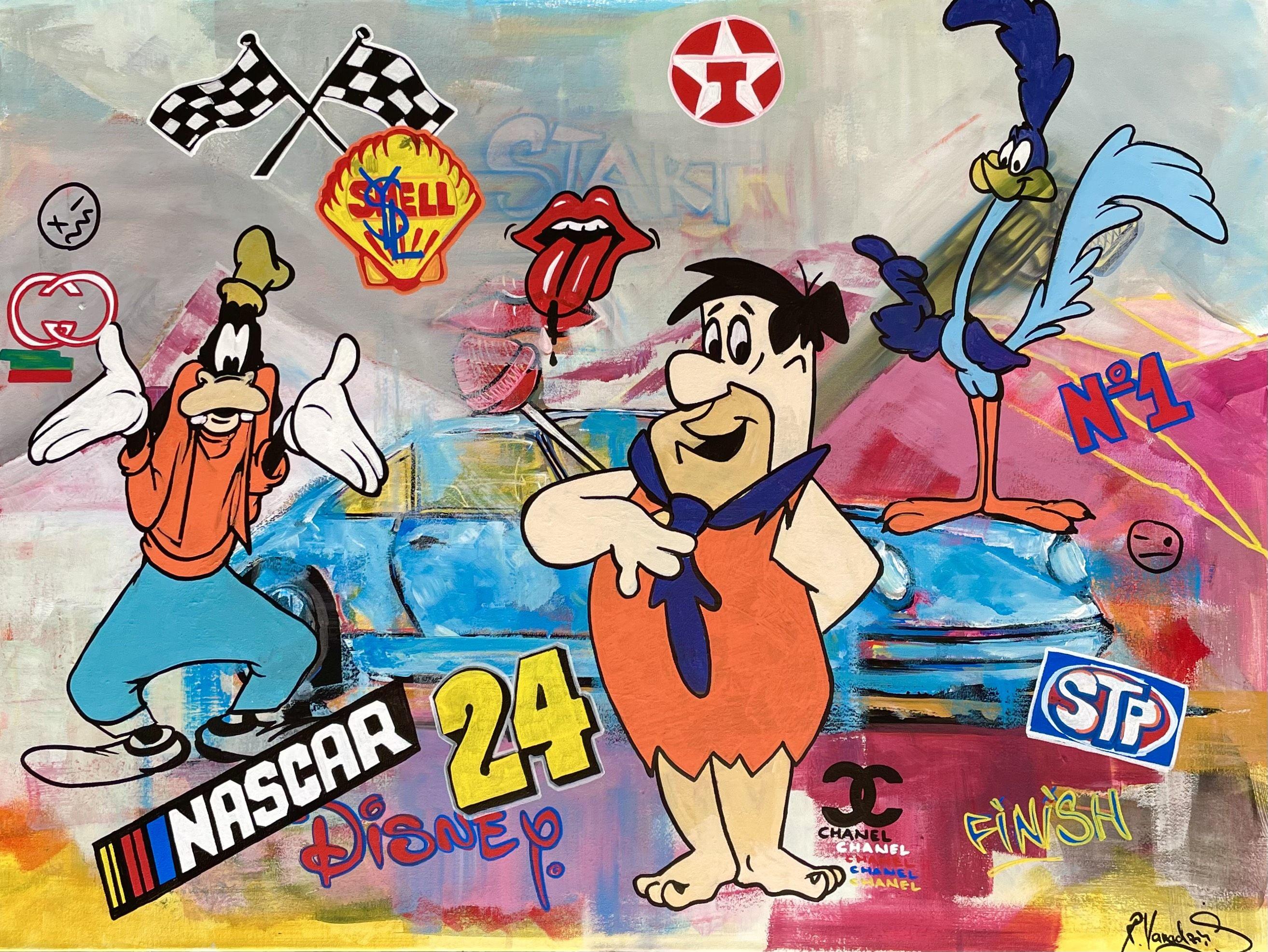 This Cartoon Race, artwork features beloved cartoon characters including Fred Flintstone, Road Runner, and Goofy in a thrilling car race. The characters are depicted in vibrant colors and appear to be speeding towards the finish line. In the
