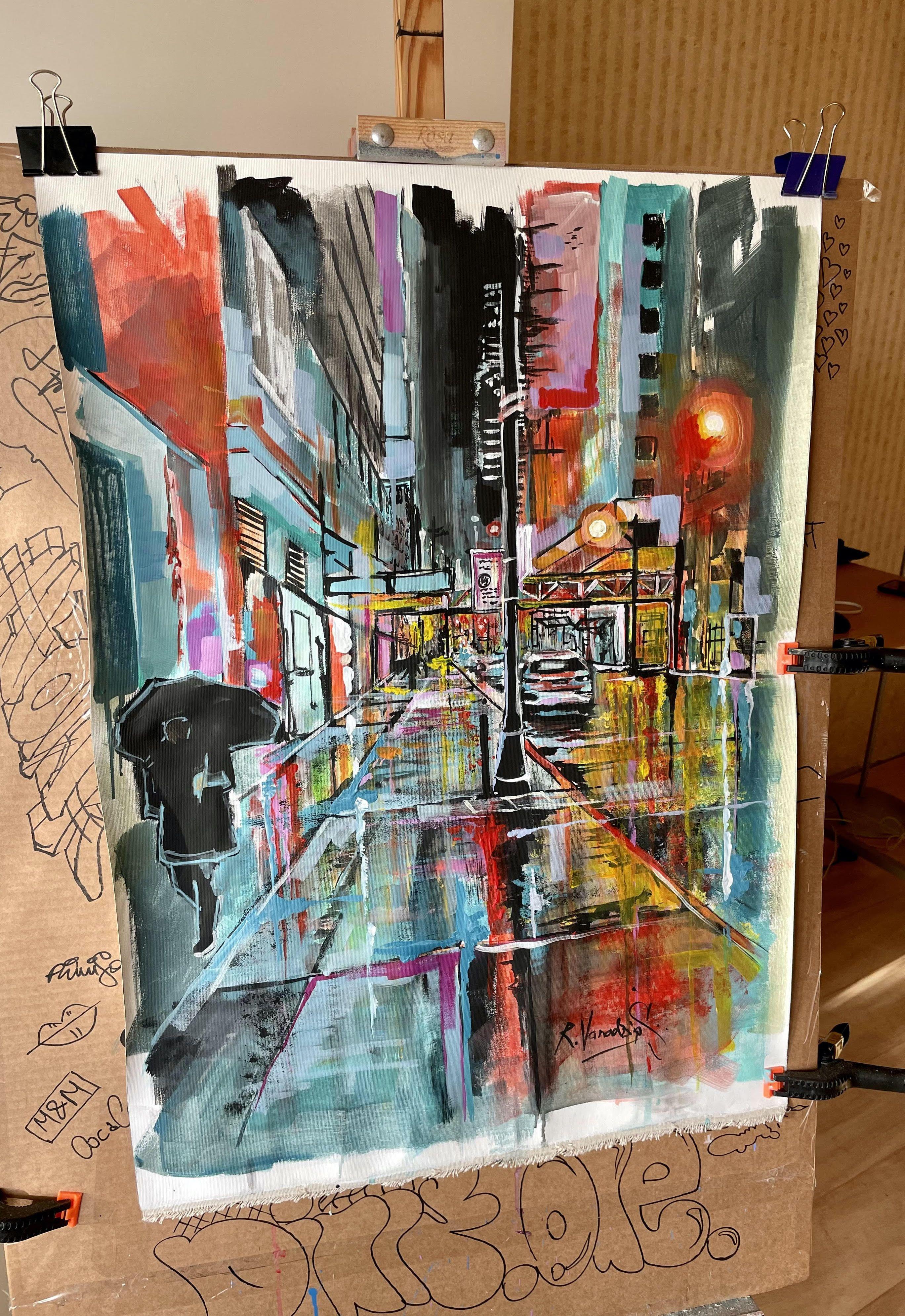 Acrylics on Canvas.  â€žI like to go to the busy parts of a city- the pedestrian zones, market halls, usual meeting places. Cities are often rigid and unmoving places in spite of their impressive architecture. Every bit of this earth has its own
