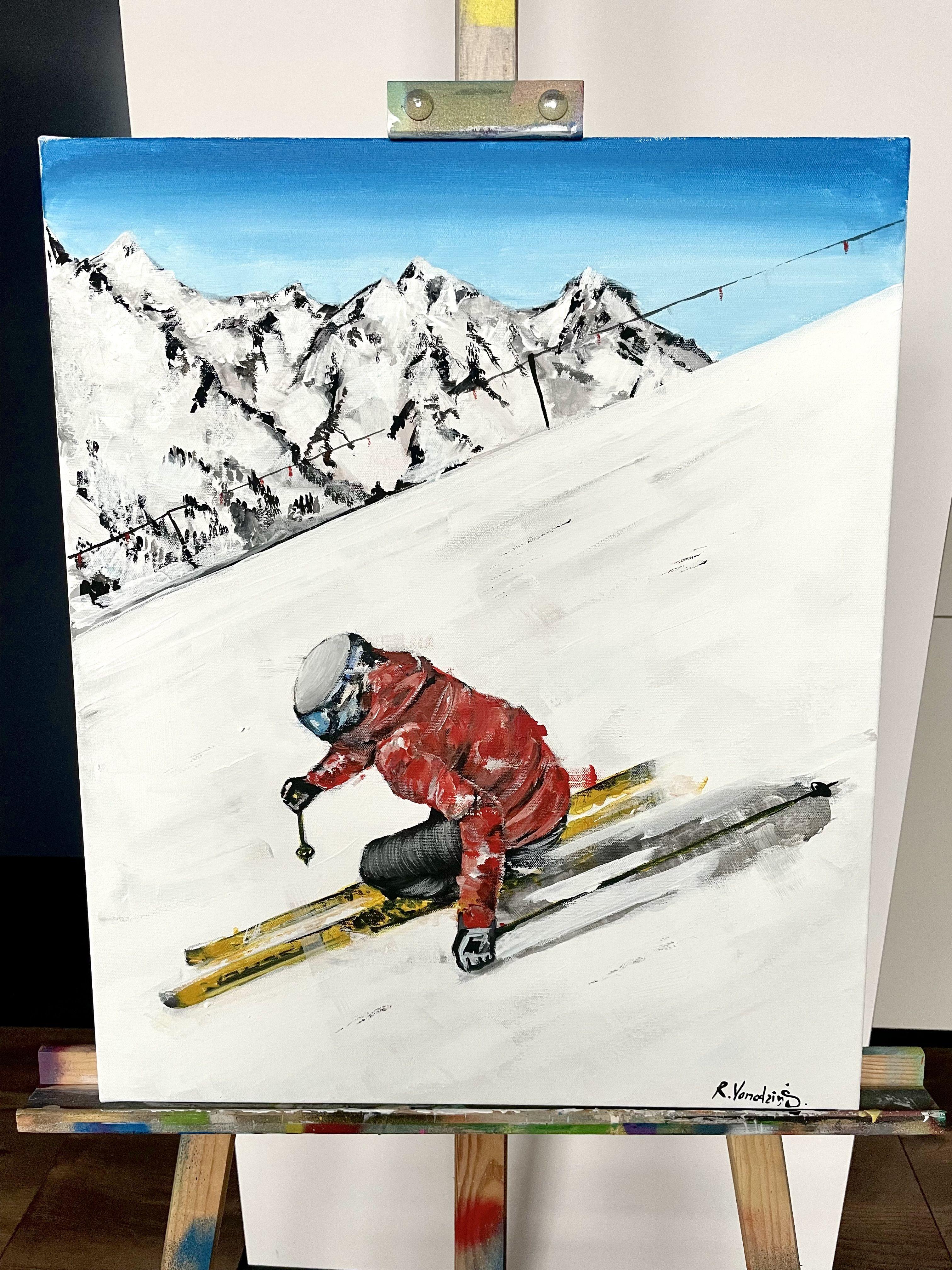 Red skier, Painting, Acrylic on Canvas For Sale 1