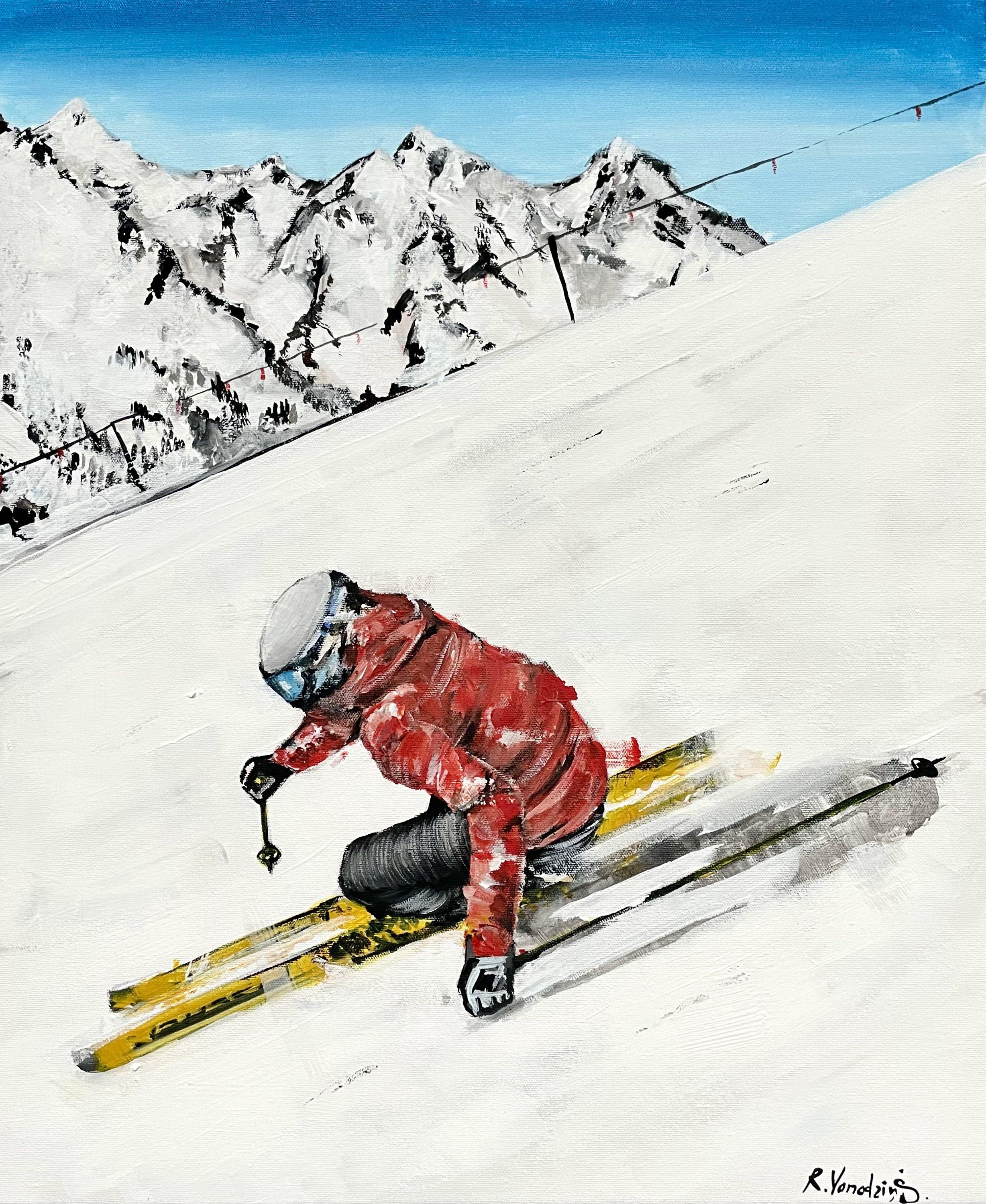 Original Ski Sport Painting on Canvas. Man skier running downhill on sunny Alps slope. He is a happy person in a red jacket who enjoys skiing down a slope on a happy Sunday morning. :: Painting :: Americana :: This piece comes with an official