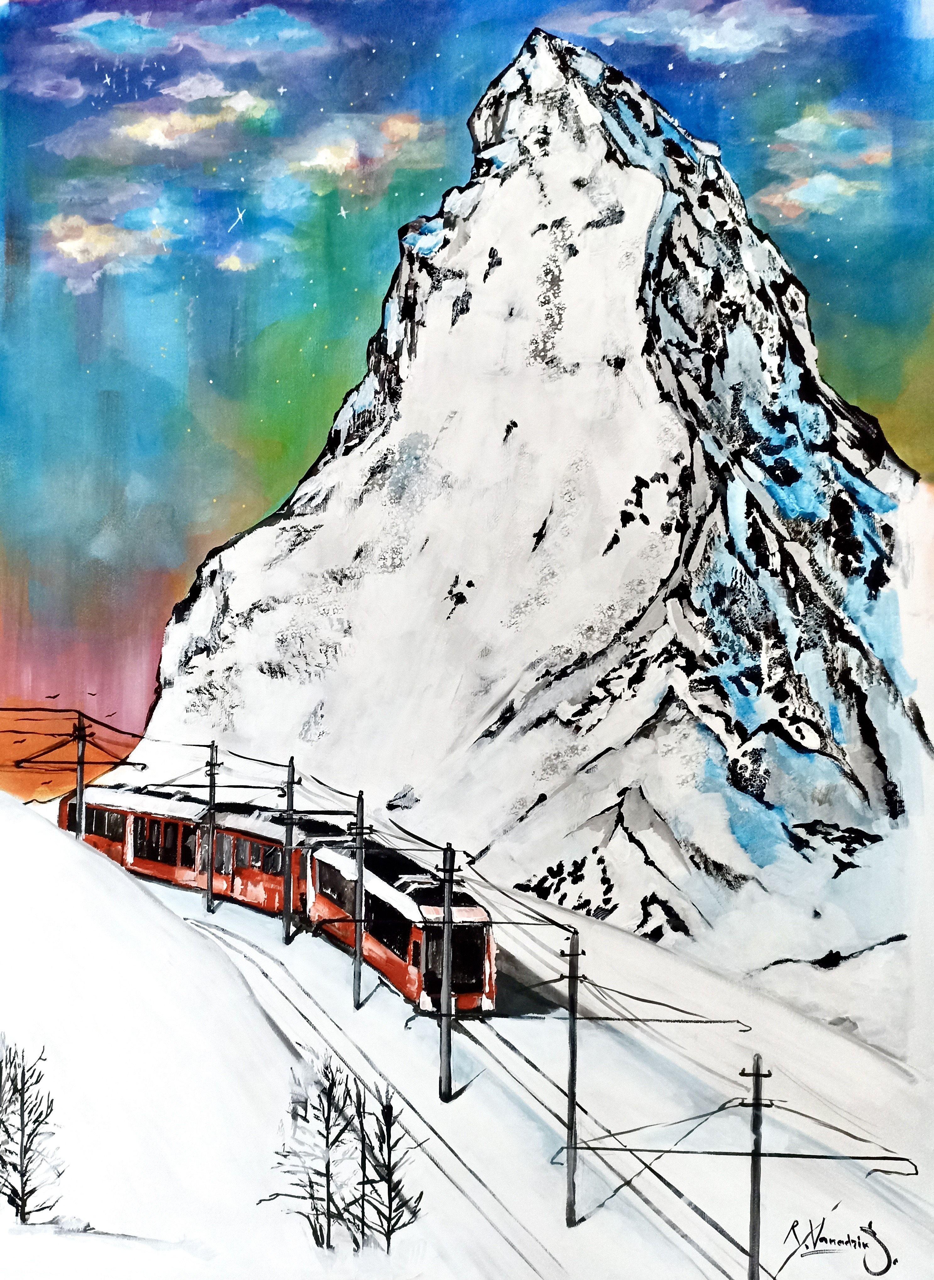 Acrylic painting on canvas. In this artwork is shown the highest railway in Europe, at an altitude of almost 3,500 meters in the Swiss Alps. :: Painting :: Modern :: This piece comes with an official certificate of authenticity signed by the artist