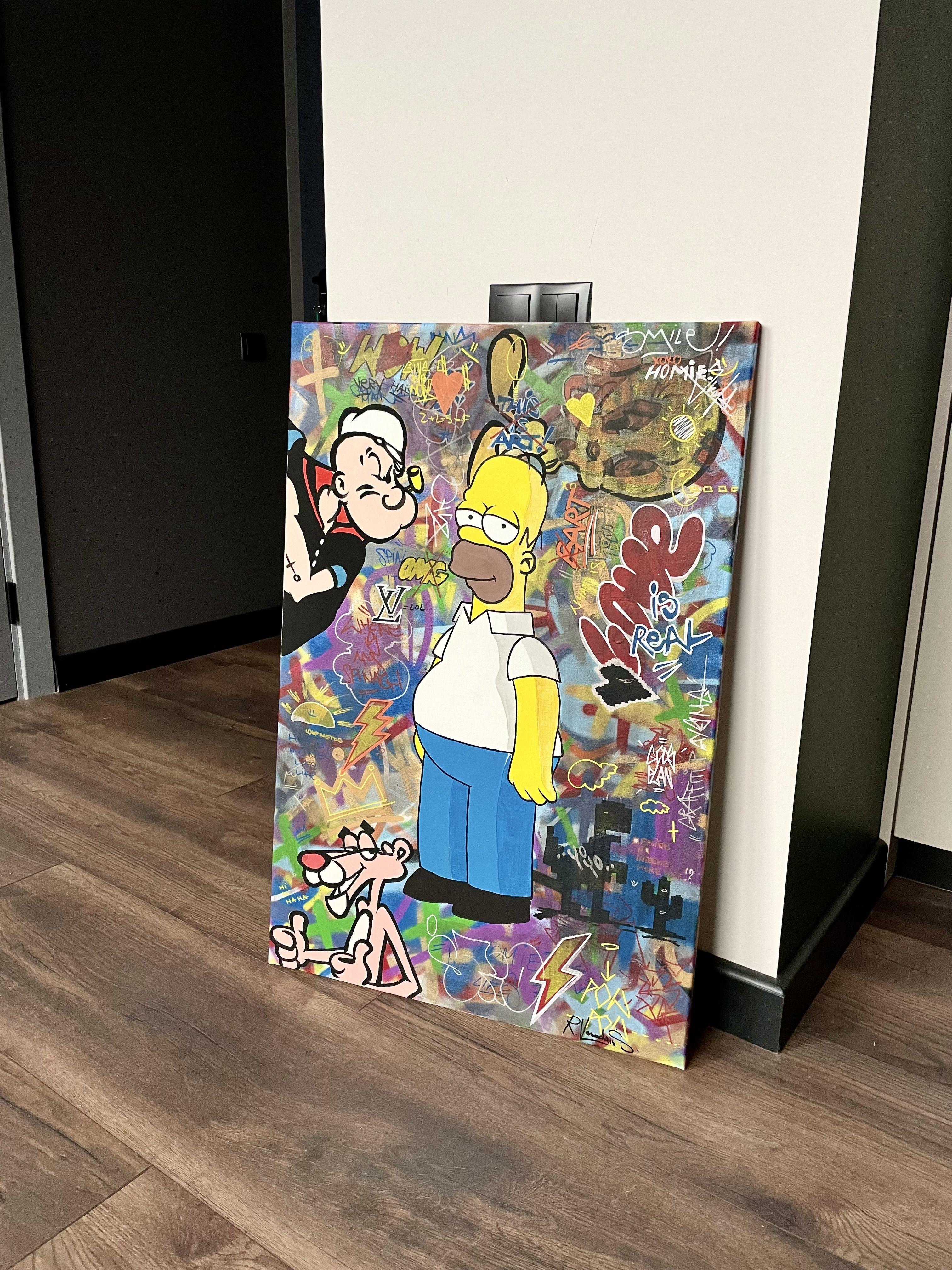 Acrylics and spray paint on stretched canvas.  Tripping Homer is an artwork inspired by the artist's all-time favorite tv show.  The painting represents Homer Simpson's fantasy trip, where he meets other iconic cartoon stars. :: Painting :: Modern
