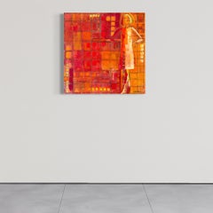"Waiting", Original Encaustic Figurative Abstract, Figure in Warm Red Palette