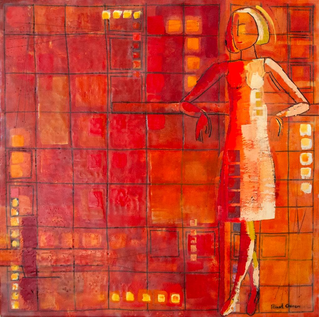 "Waiting", Original Encaustic Figurative Abstract, Figure in Warm Red Palette