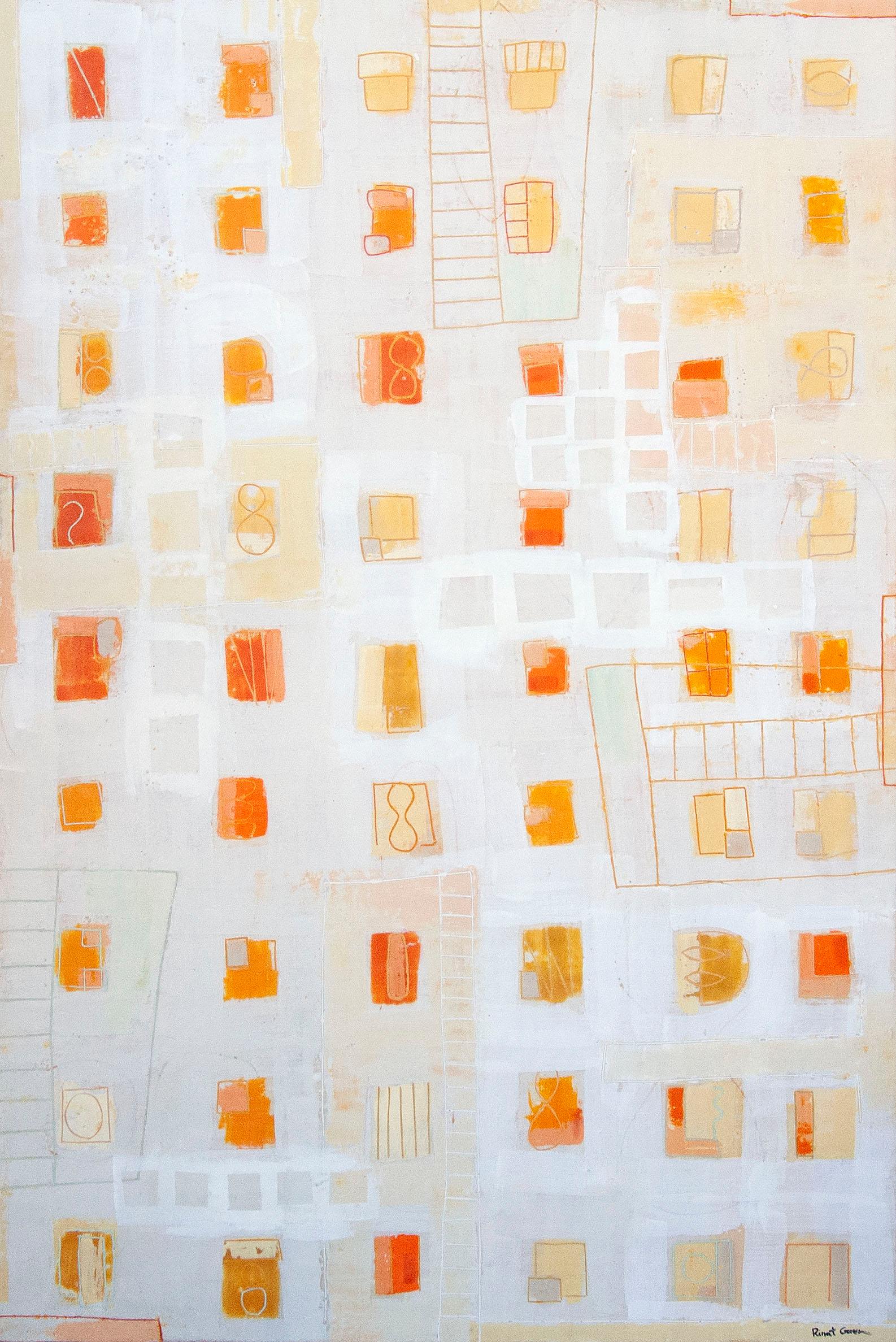 Rinat Goren Abstract Painting - "Windows of Opportunity", Vibrant Modern Encaustic Abstract, White and Orange