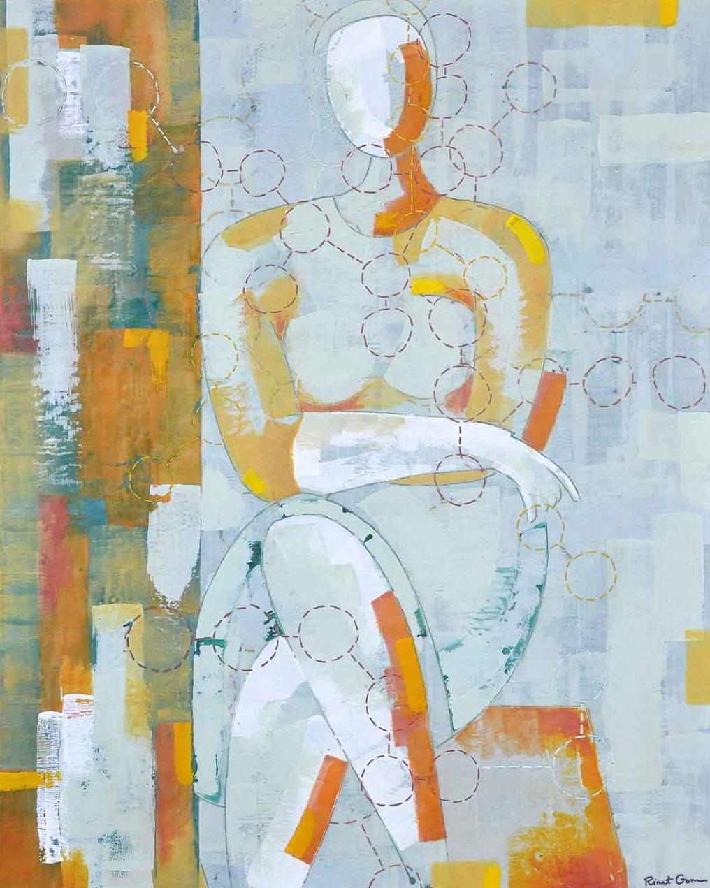 Rinat Goren Figurative Painting - "Wrapped in Thoughts III", Encaustic Figurative Abstract, Neutral and Warm Tones