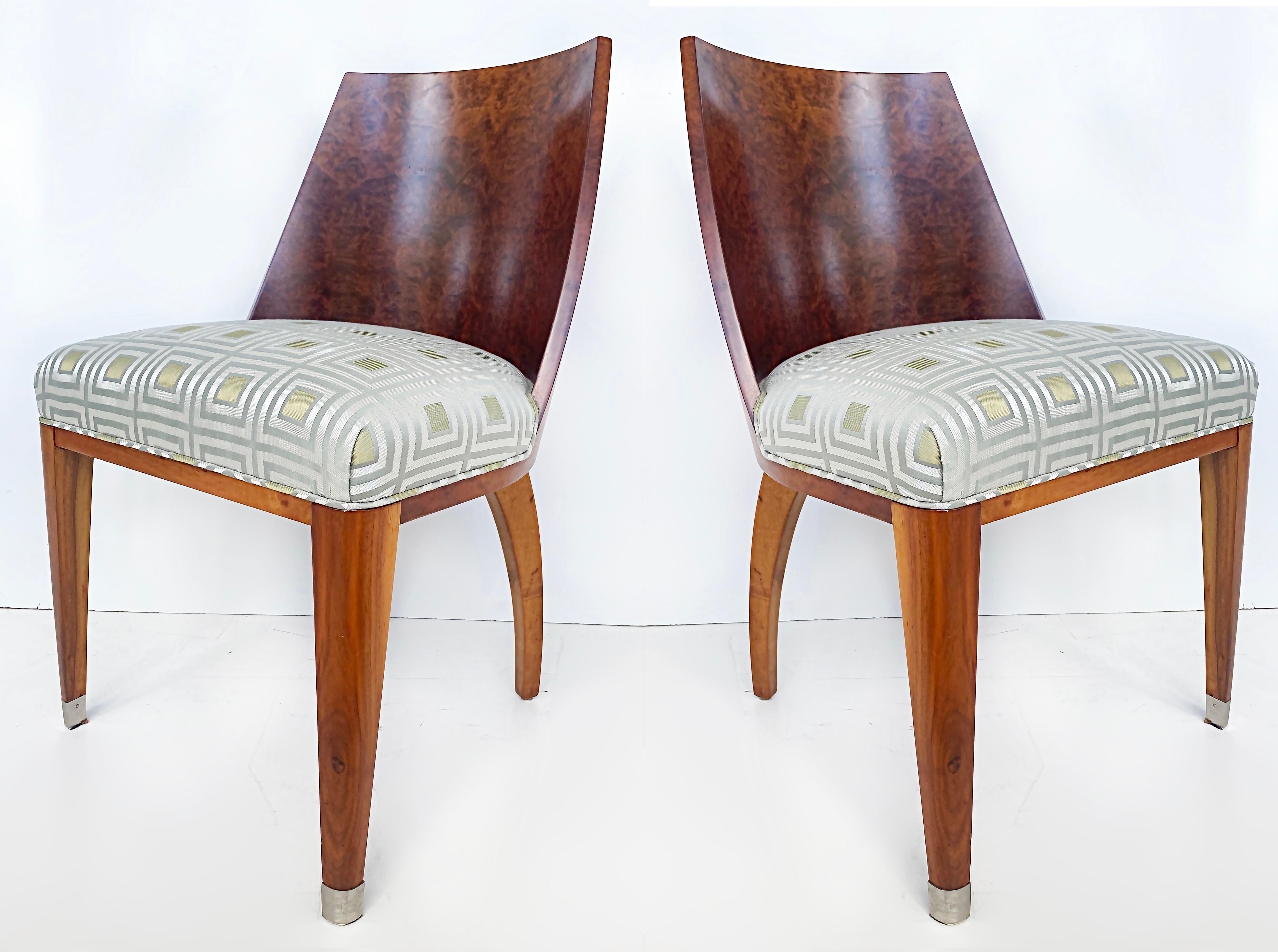 Rinck Paris French Art Deco burlwood dining chairs, Set of 8 circa 1930.

Offered for sale in a set of eight French Art Deco dining chairs designed and manufactured by Rinck of Paris c1930. These chairs are documented by the Rinck Paris archivist