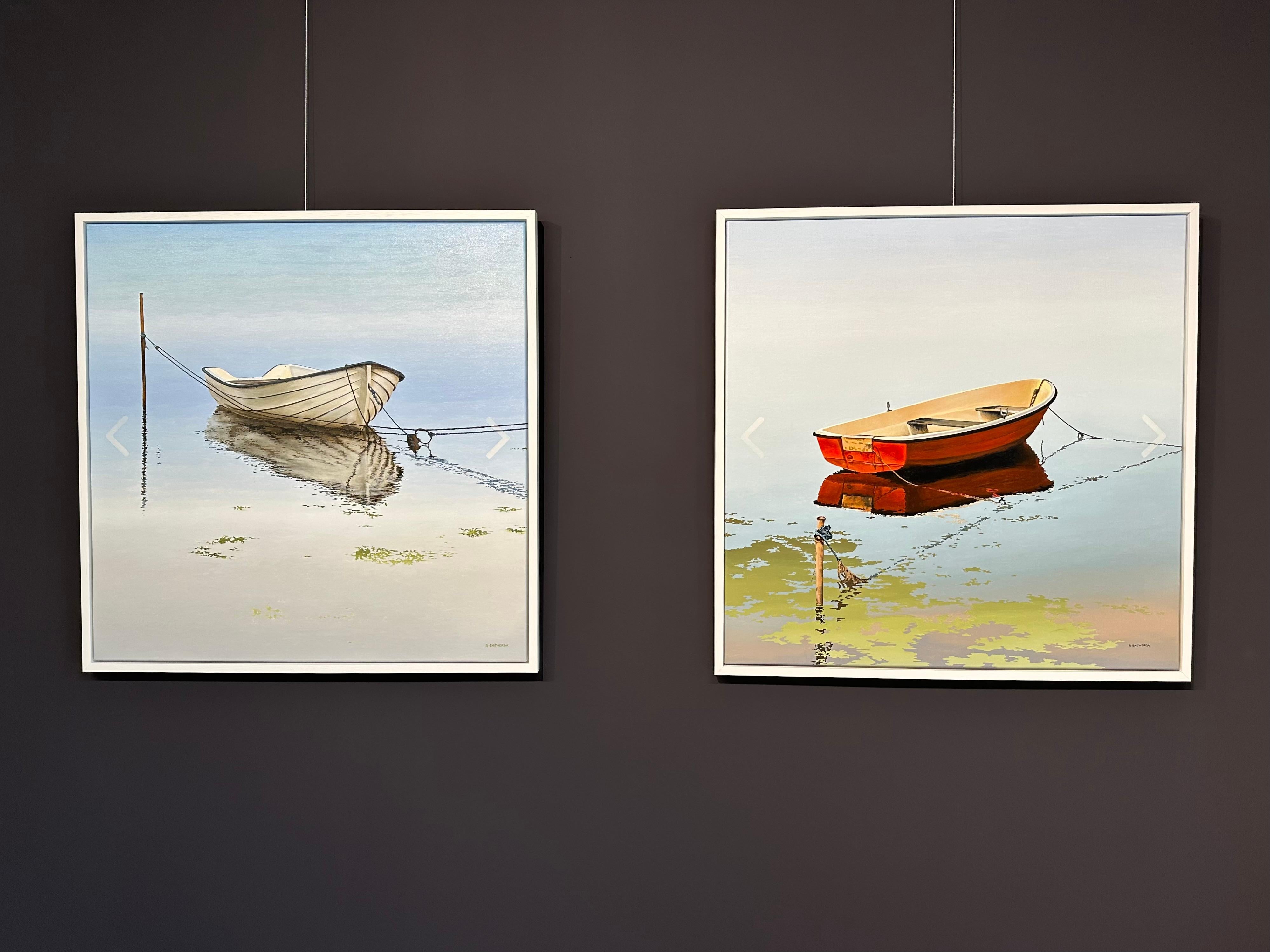 Scrolling Pictures I- 21st Century Contemporary Painting of a rowboat in water (Défilement d'images I- Peinture contemporaine du 21e siècle représentant une barque dans l'eau) en vente 1