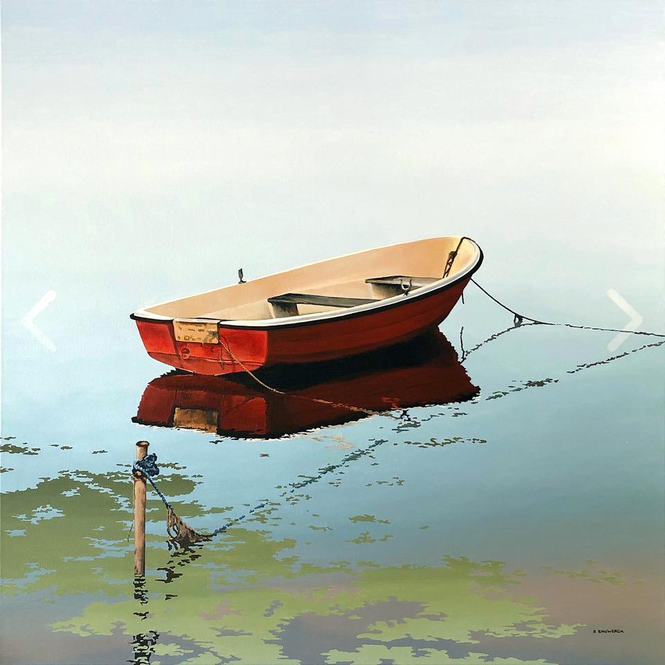 Scrolling Pictures I- 21st Century Contemporary Painting of a rowboat in water