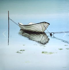 Scrolling Pictures II- Peinture contemporaine du 21e siècle représentant une barque dans l'eau