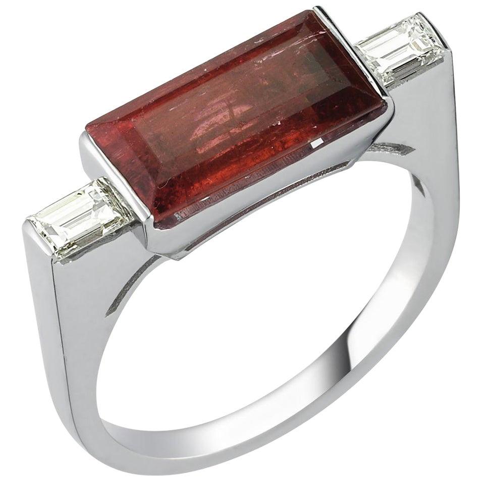 For Sale:  14k Baguette Cut Diamond and Baguette Cut Tourmaline Ring