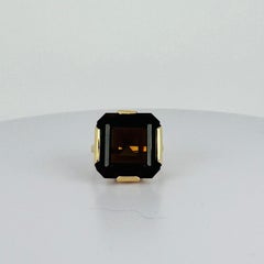 Ring 14k Yellow Gold Emerald-Cut Smoky Quartz, Circa 1980