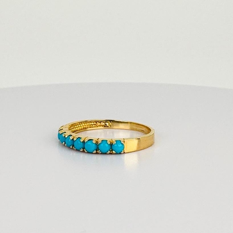 Taglio rotondo Anello in oro giallo 14k con 8 turchesi taglio rotondo in vendita