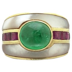 Ring, 14KT Gold Cabochon Emerald, Ruby and Mother of Pearl Band