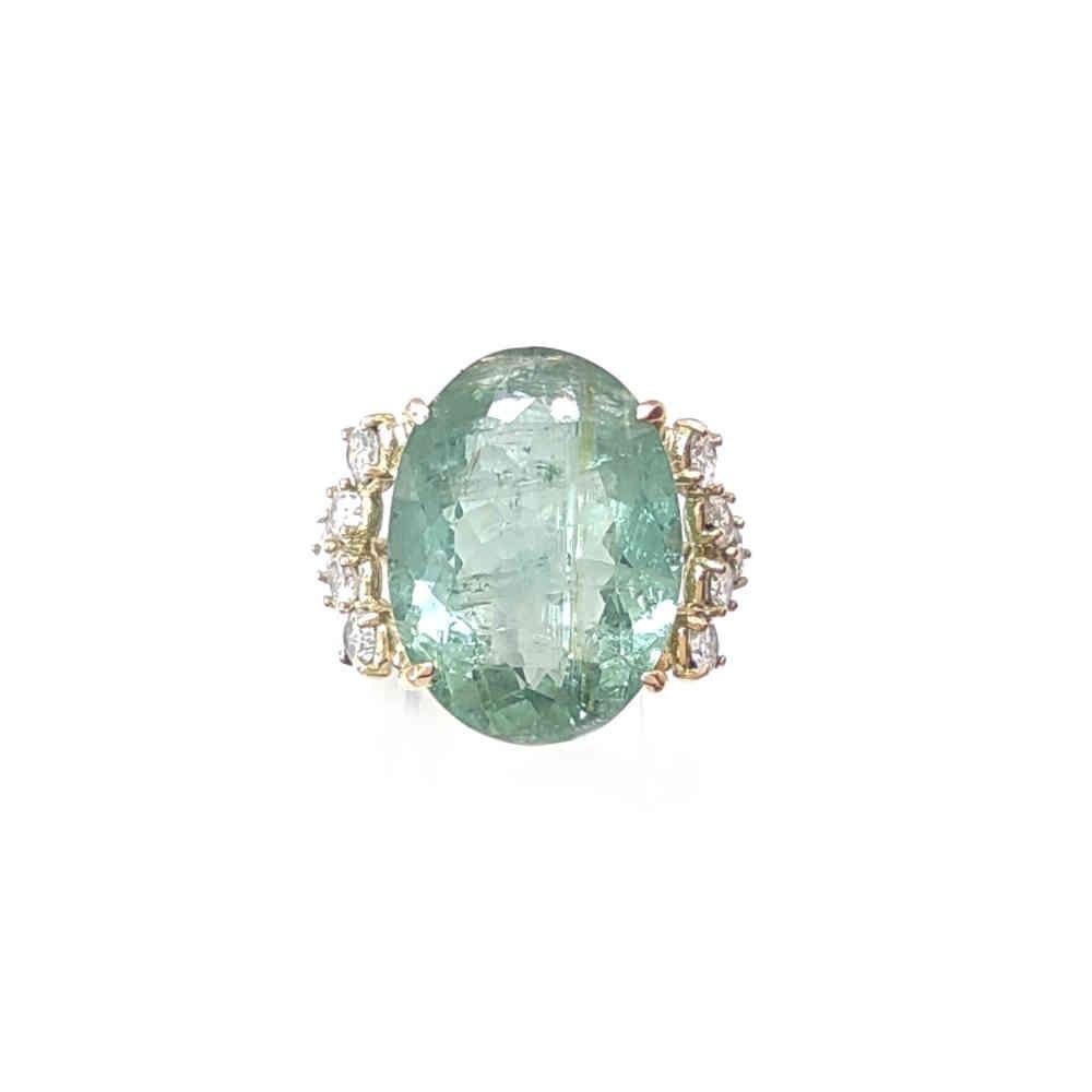 14kt Oval Green Tourmaline and  Diamond Cocktail Ring - Certified  For Sale 1