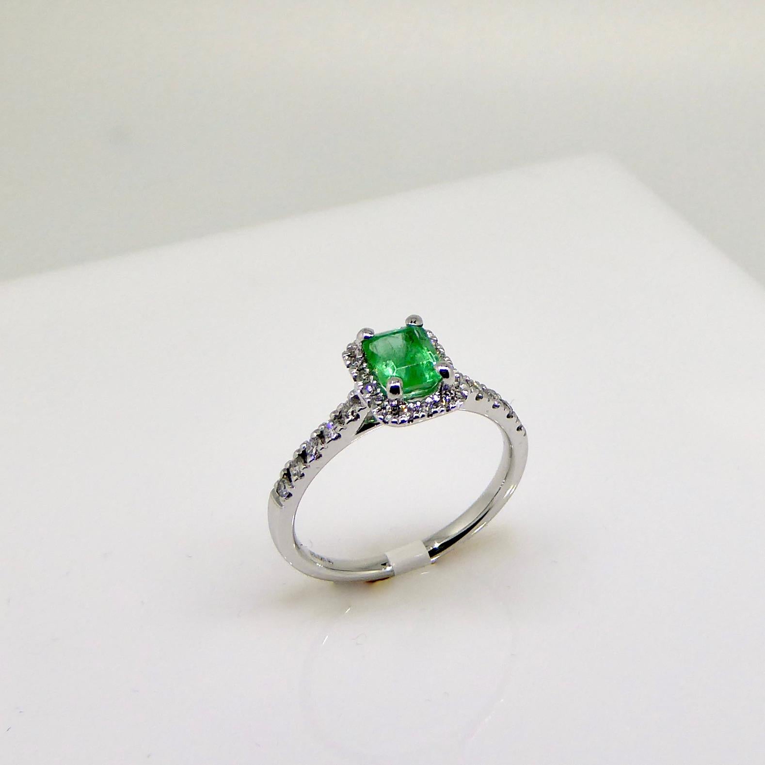 Women's Ring, 18 Carat White Gold, Diamond, Emerald Clustering For Sale