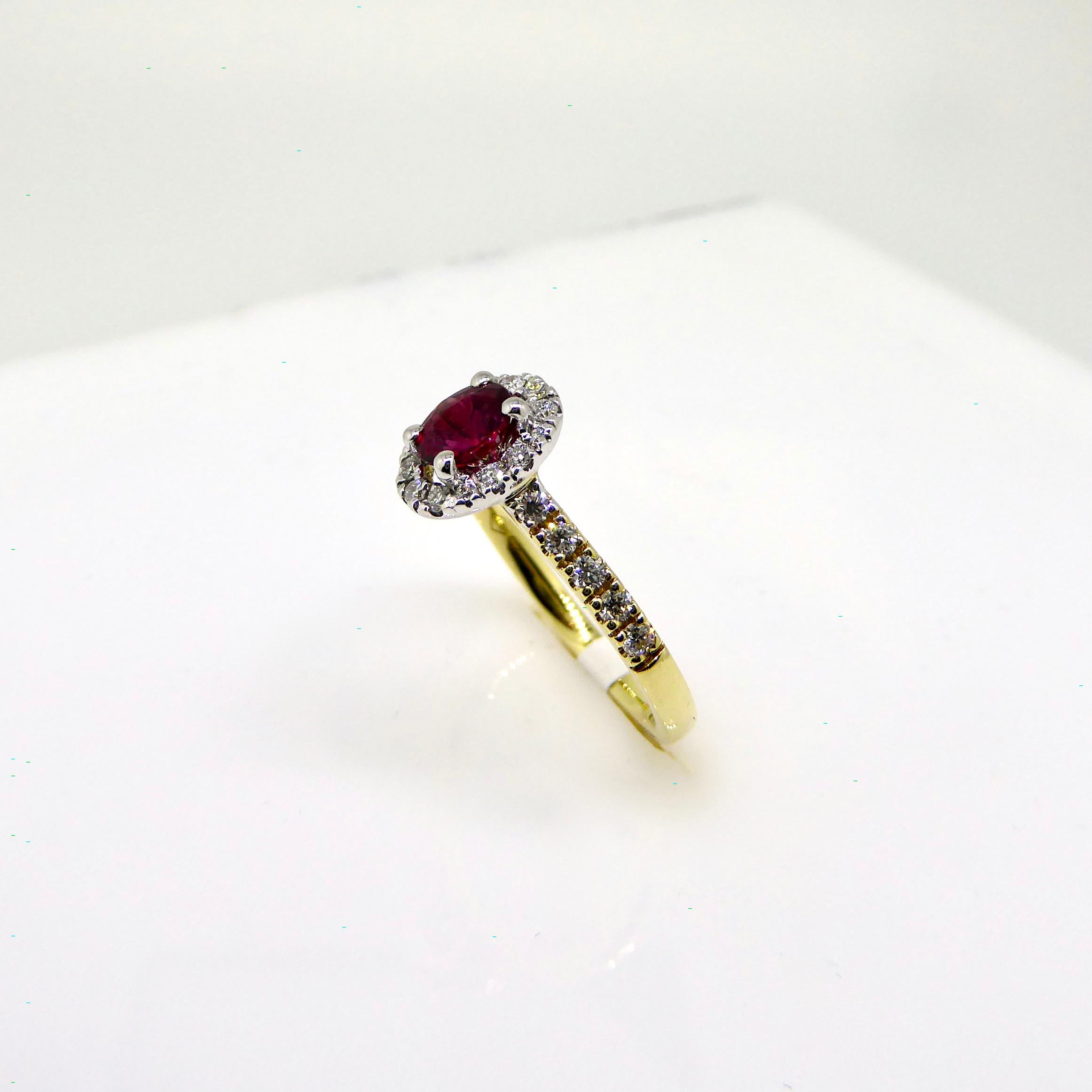 Oval Cut Ring, 18 Carat Yellow Gold, Diamond, Ruby, Clustering For Sale