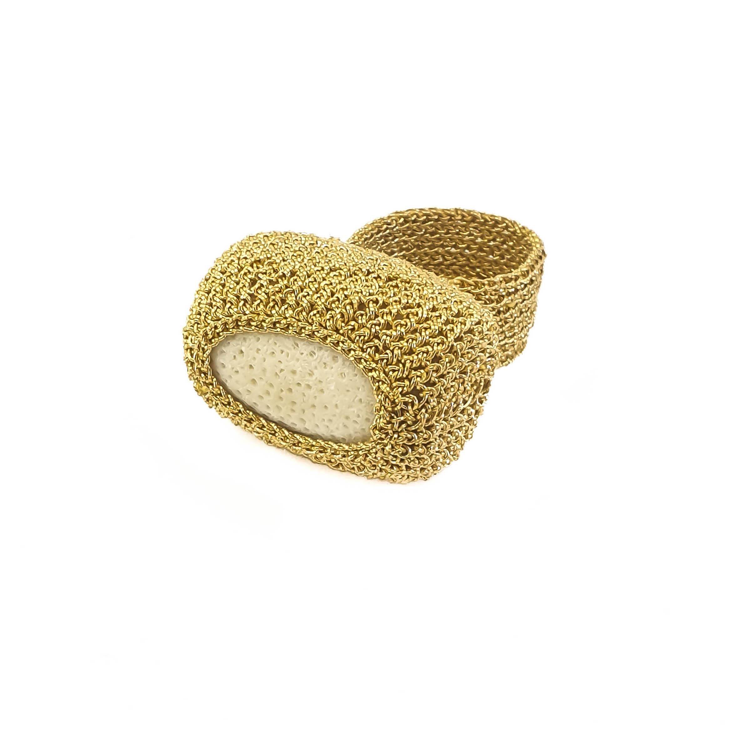 Ring 18 Karat Gold White Coral Handmade Crochet Cocktail One of a Kind Statement In New Condition For Sale In  Kfar Saba, IL