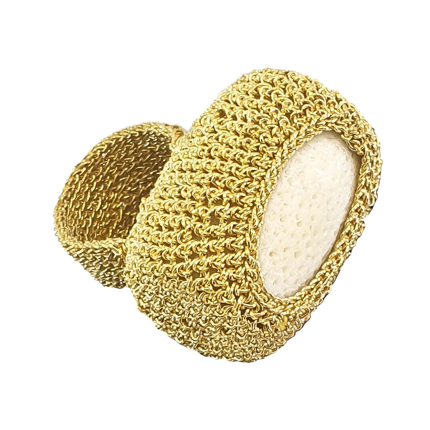 Ring 18 Karat Gold White Coral Handmade Crochet Cocktail One of a Kind Statement For Sale