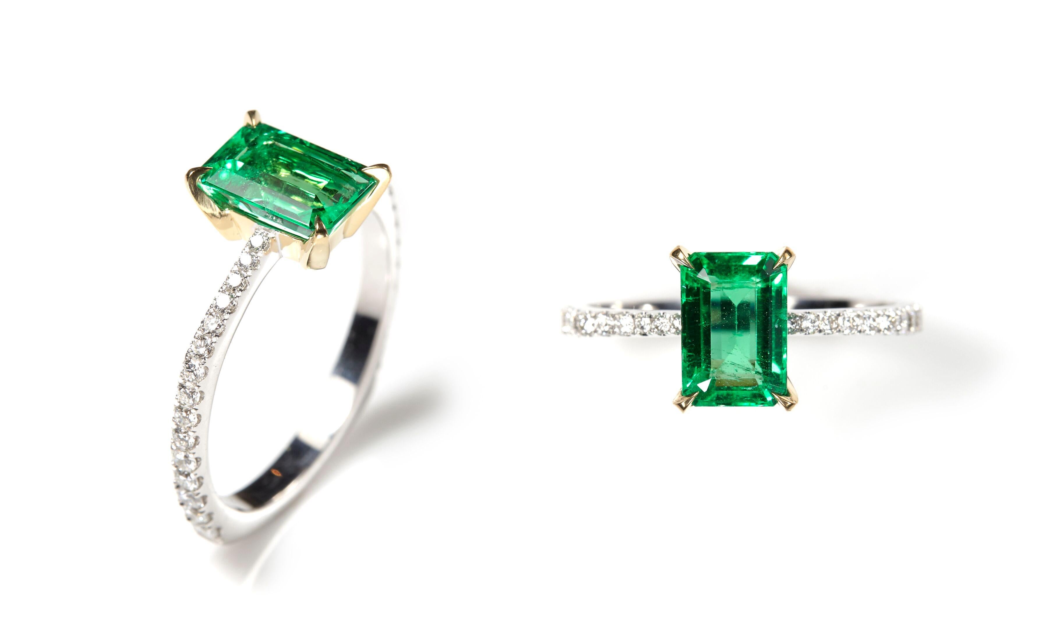 Designed exclusively by Ara Vartanian, this 18k White Gold Ring features one Emerald, in a Emerald faceted cut, weighing 1,34ct (one carat and thirty-four points), along with thirty White Diamonds in a round brilliant cut, with a total weight of