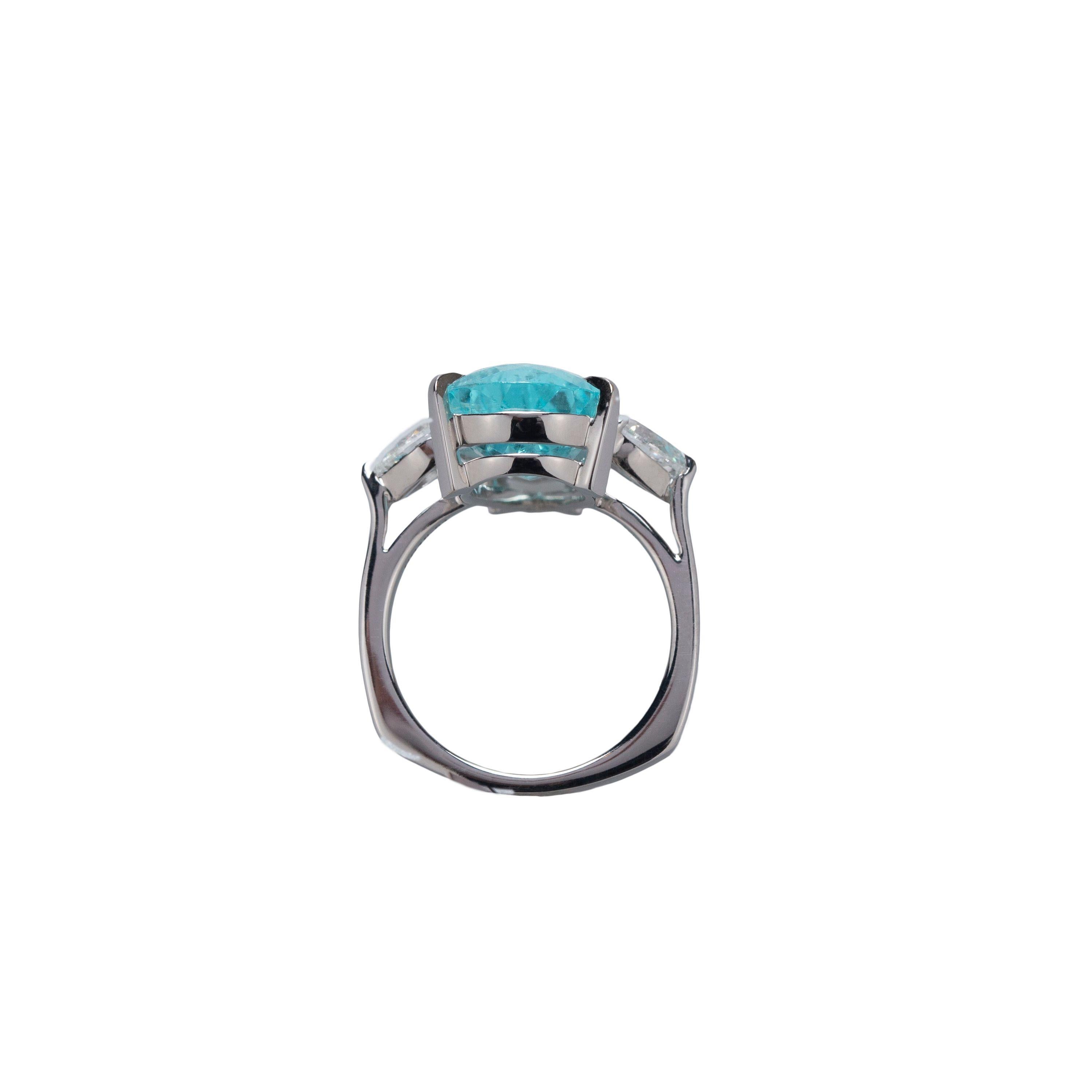 Designed exclusively by Ara Vartanian, this 18 Karat White Gold Ring features one 8.60 Carat Paraiba Tourmaline along with 0.93CT worth of White Diamonds.
For this ring is made exclusively by Ara Vartanian, bespoke alterations may be accommodated,