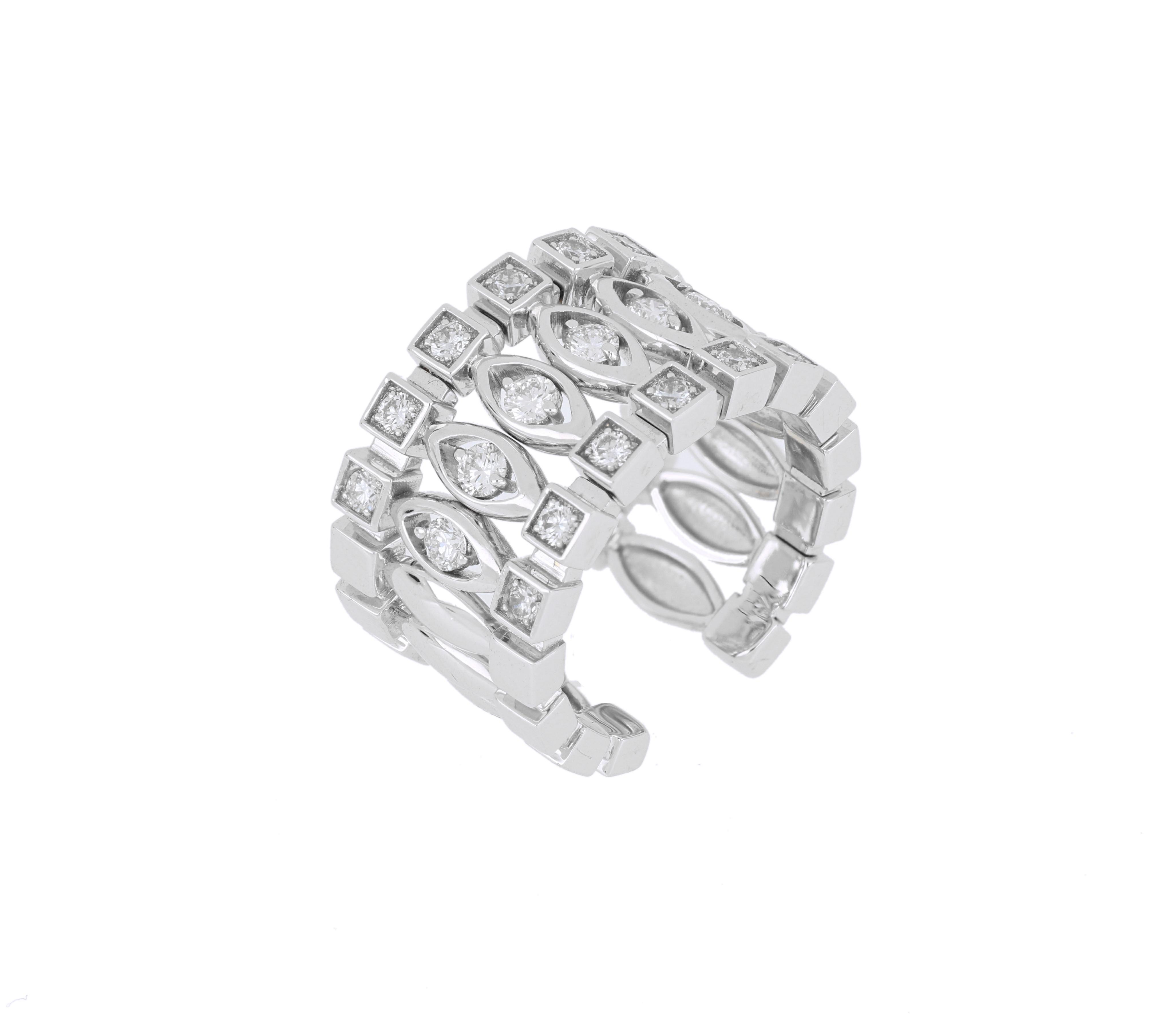 This stunning ring is elegant, unique, and inspired by the gorgeous Greta Garbo. This beautiful ring has striking, bold square adornments and soft, elongated ovals and is simply irresistible. 
18k white gold, this ring is adorned gracefully with