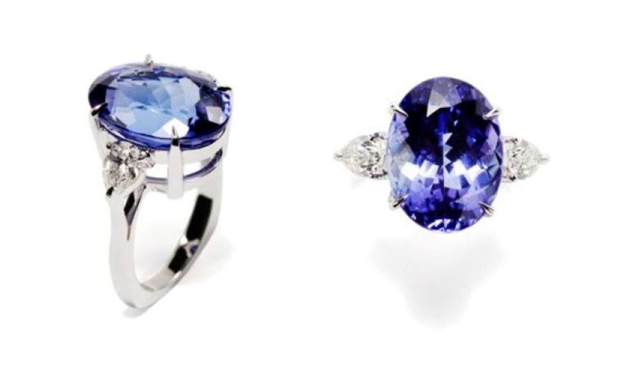 Designed exclusively by Ara Vartanian, this 18 Karat White Gold Ring features an oval faceted 12.59 Carat Tanzanite with two pear-shaped modified brilliant White Diamonds totalling 1.01 Carat.

Because this ring is made exclusively by and for Ara