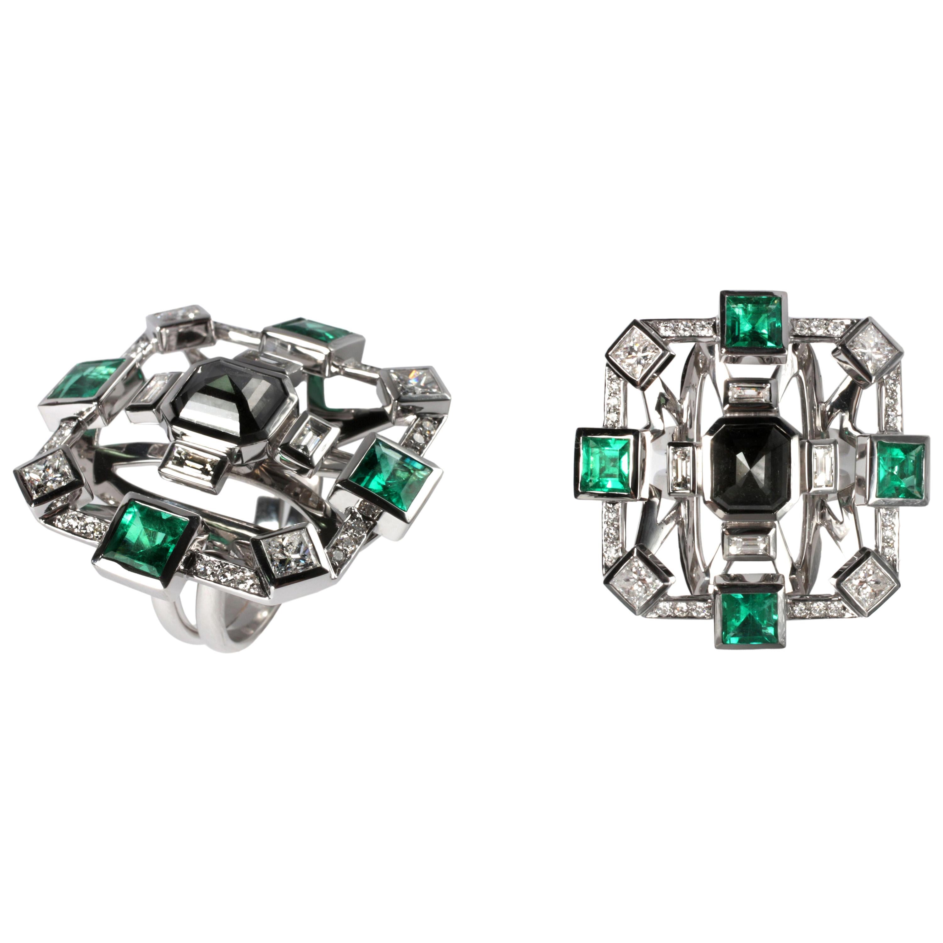 2, 78ct Emeralds & Diamonds 18k White Gold Ring For Sale