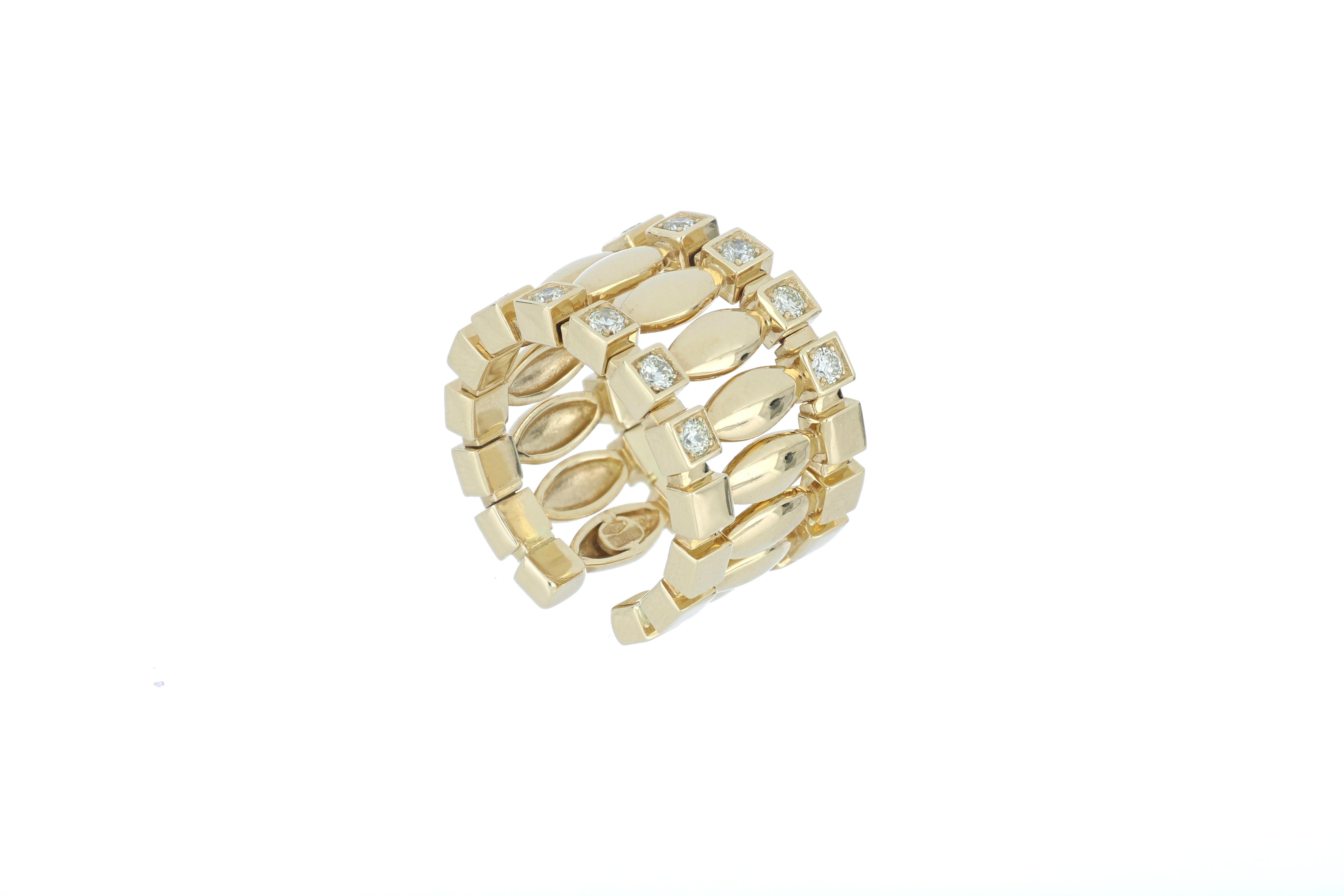 Inspired by the famous, headstrong actress Greta Garbo, this stunning ring is elegant and unique. This gorgeous ring has strong bold square adornments and beautiful, soft elongated ovals. 18k yellow gold, this gorgeous piece is adorned with cream