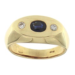 Ring 18 Karat Yellow Gold Blu Saphire and White Diamonds