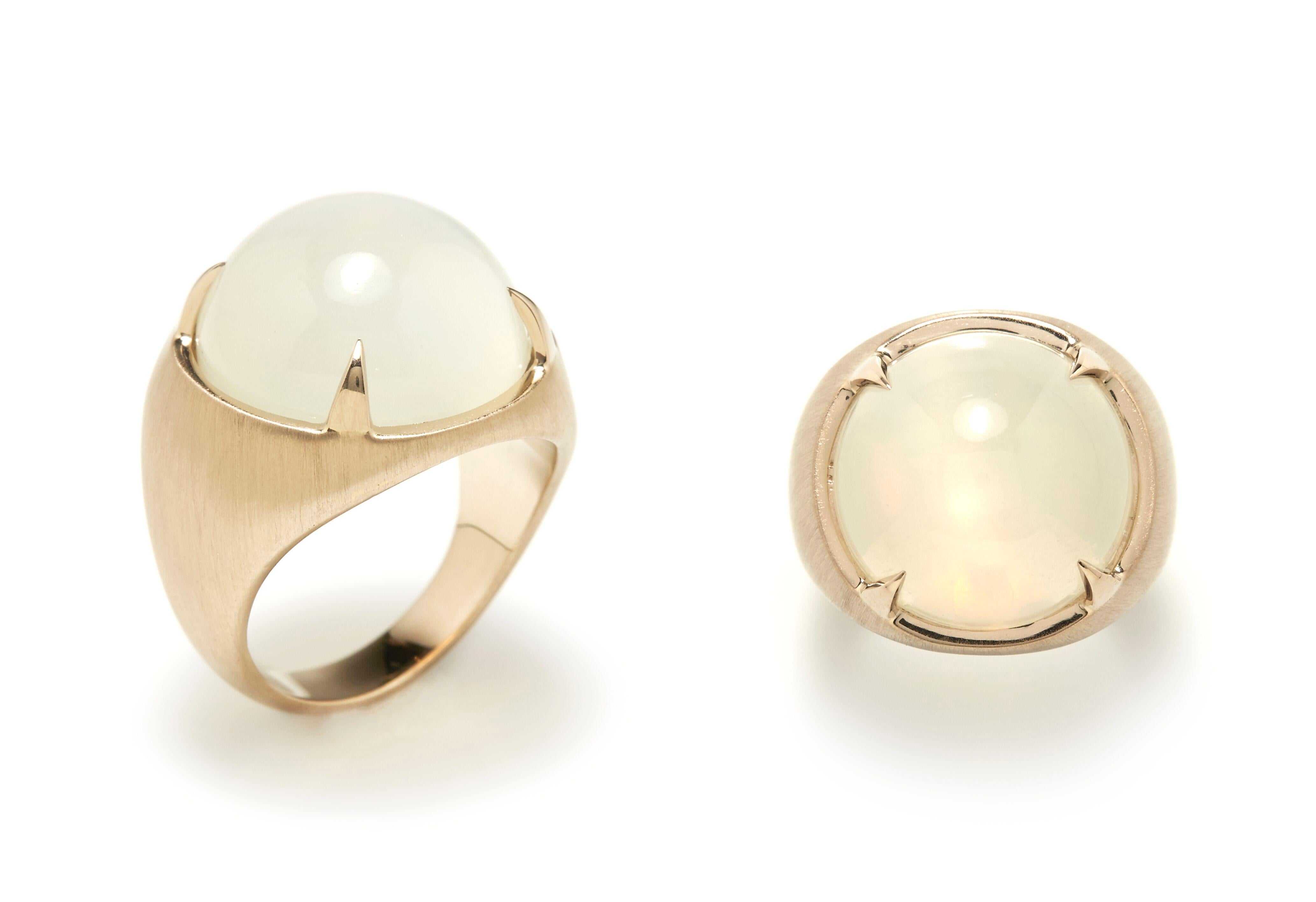 Designed exclusively by Ara Vartanian, this 18k Yellow Gold Ring features one Moonstone, in a round cabochon cut, weighing 9,8ct (nine carats and eight points) held in place by four gold claws.

For this ring has been made exclusively by Ara