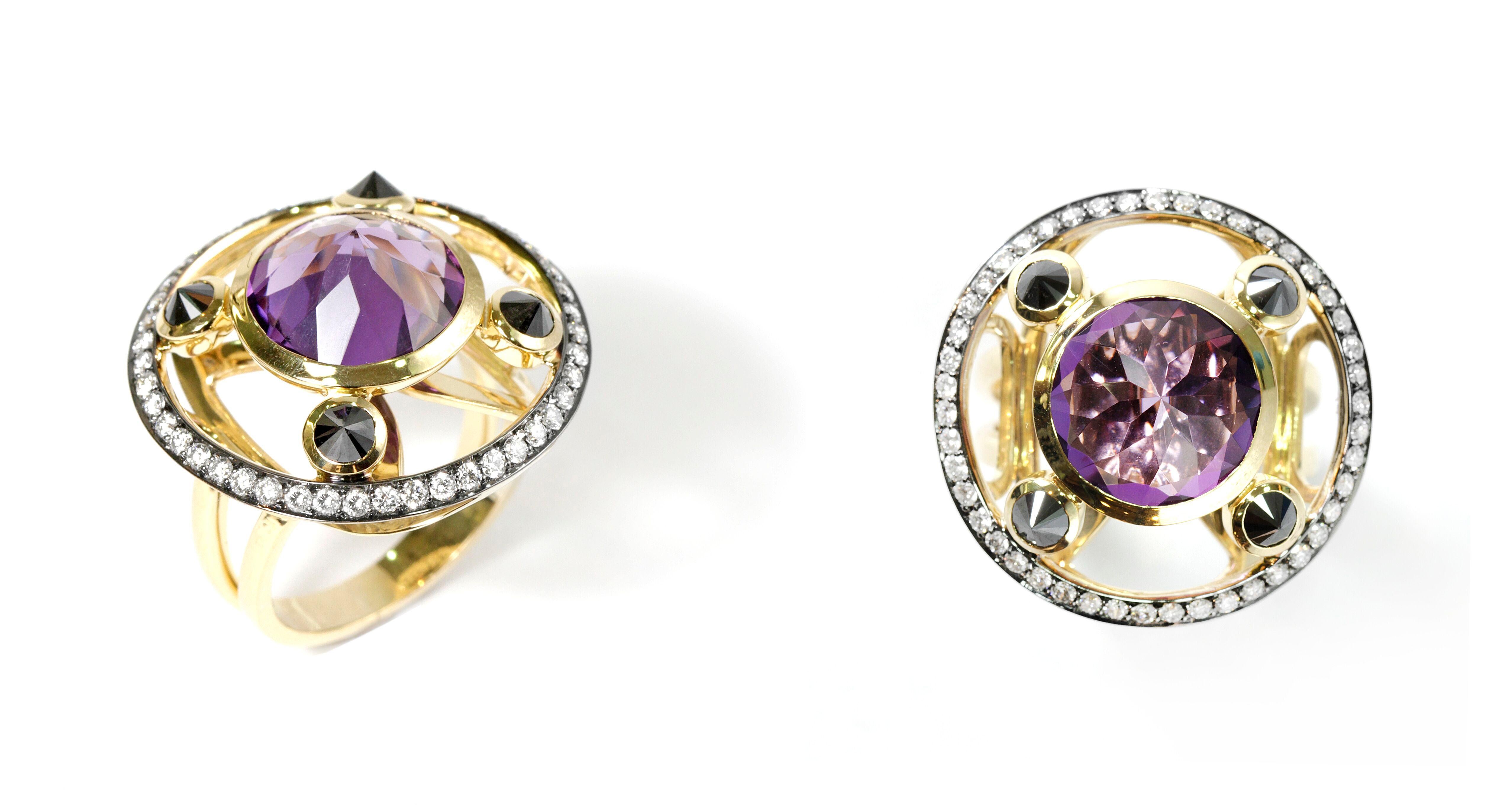 Designed exclusively By Ara Vartanian, this 18K Yellow Gold Ring features one Amethyst in a round faceted inverted cut, weighing 5,16ct (five carats and sixteen points), along with four inverted Black Diamonds in a round brilliant cut, with a total