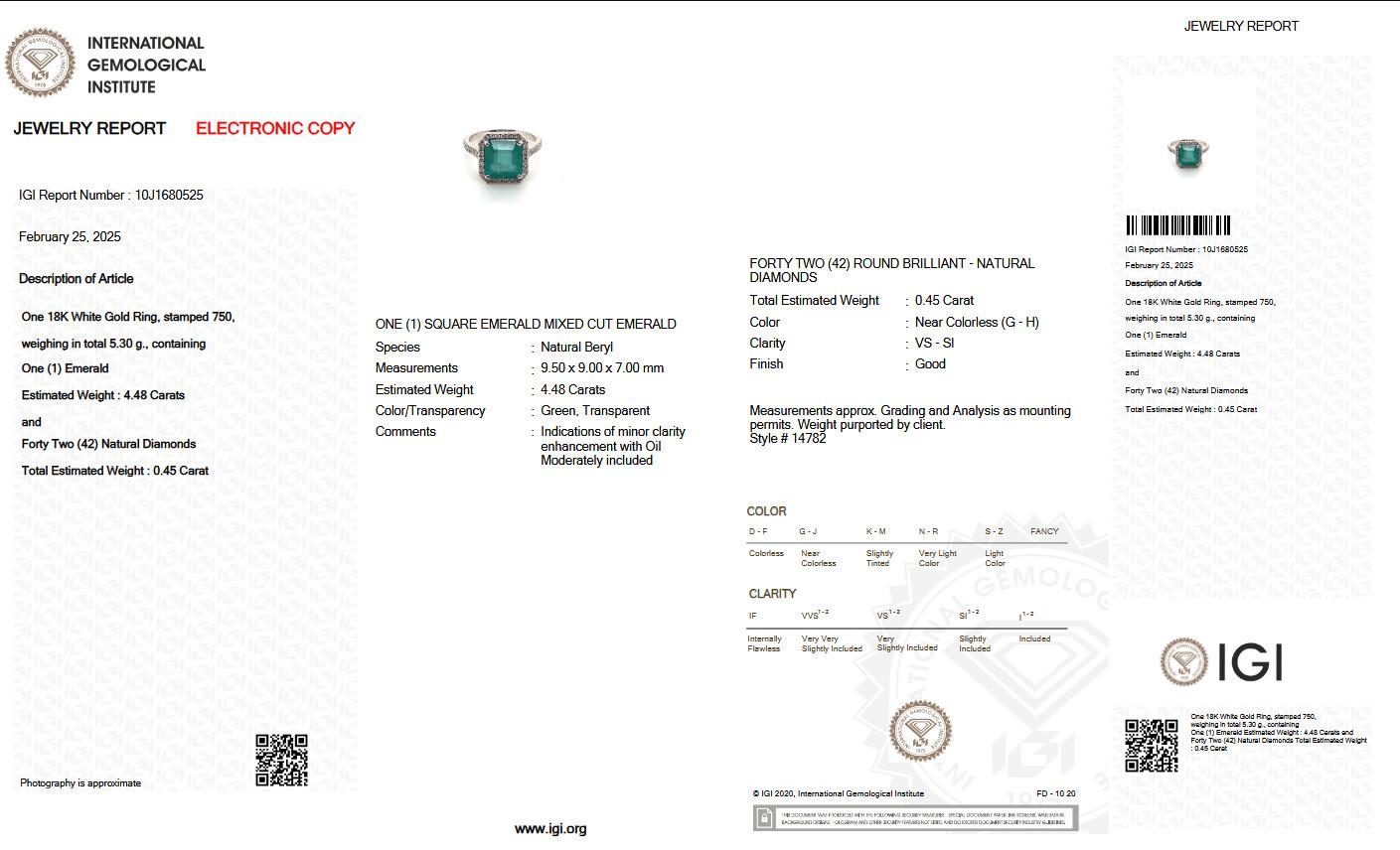 Cette bague exquise est ornée d'une captivante émeraude verte de 4,48 carats en guise de pierre centrale, qui rayonne de couleurs vibrantes et d'élégance. L'émeraude est flanquée de pierres latérales en diamant rose fantaisie, totalisant 0,45 carat,