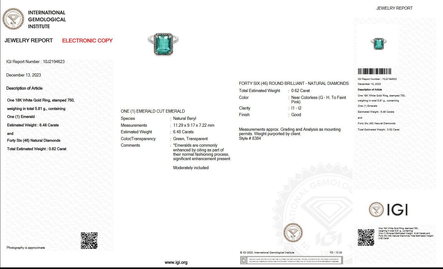 Art déco Bague - 18 kt. Or blanc 6.48Ct. Émeraude - 0,62Ct.  Diamant en vente