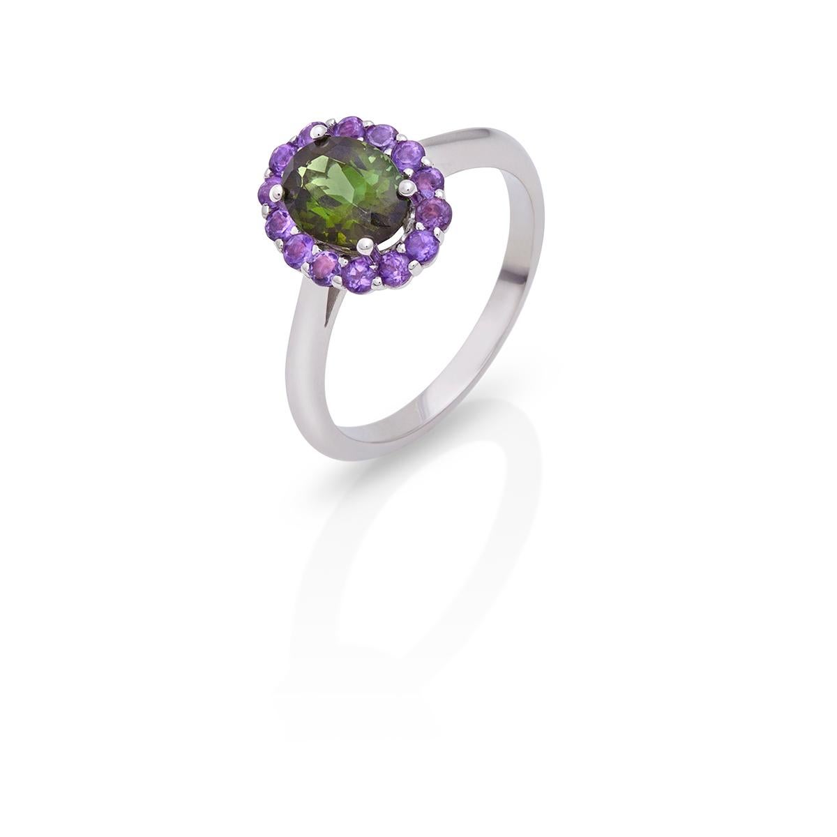 For Sale:  Ring 18 Kt White Gold with Tourmaline and Amethyst Handcrafted Modern Cluster 2