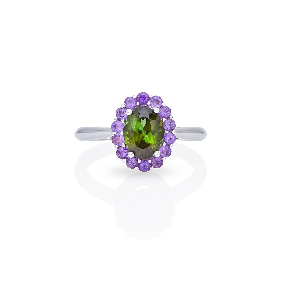 For Sale:  Ring 18 Kt White Gold with Tourmaline and Amethyst Handcrafted Modern Cluster 3