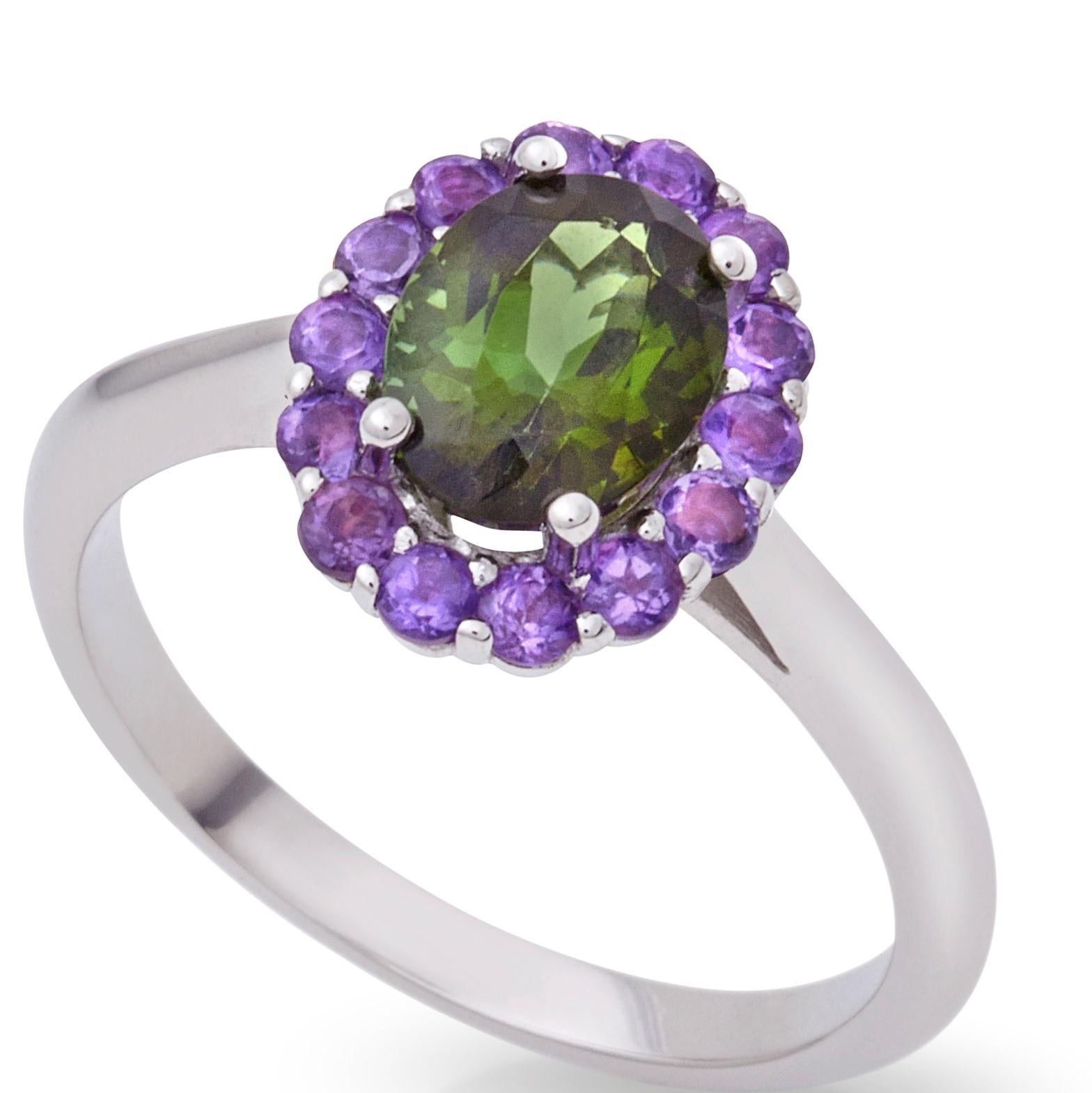 For Sale:  Ring 18 Kt White Gold with Tourmaline and Amethyst Handcrafted Modern Cluster 4
