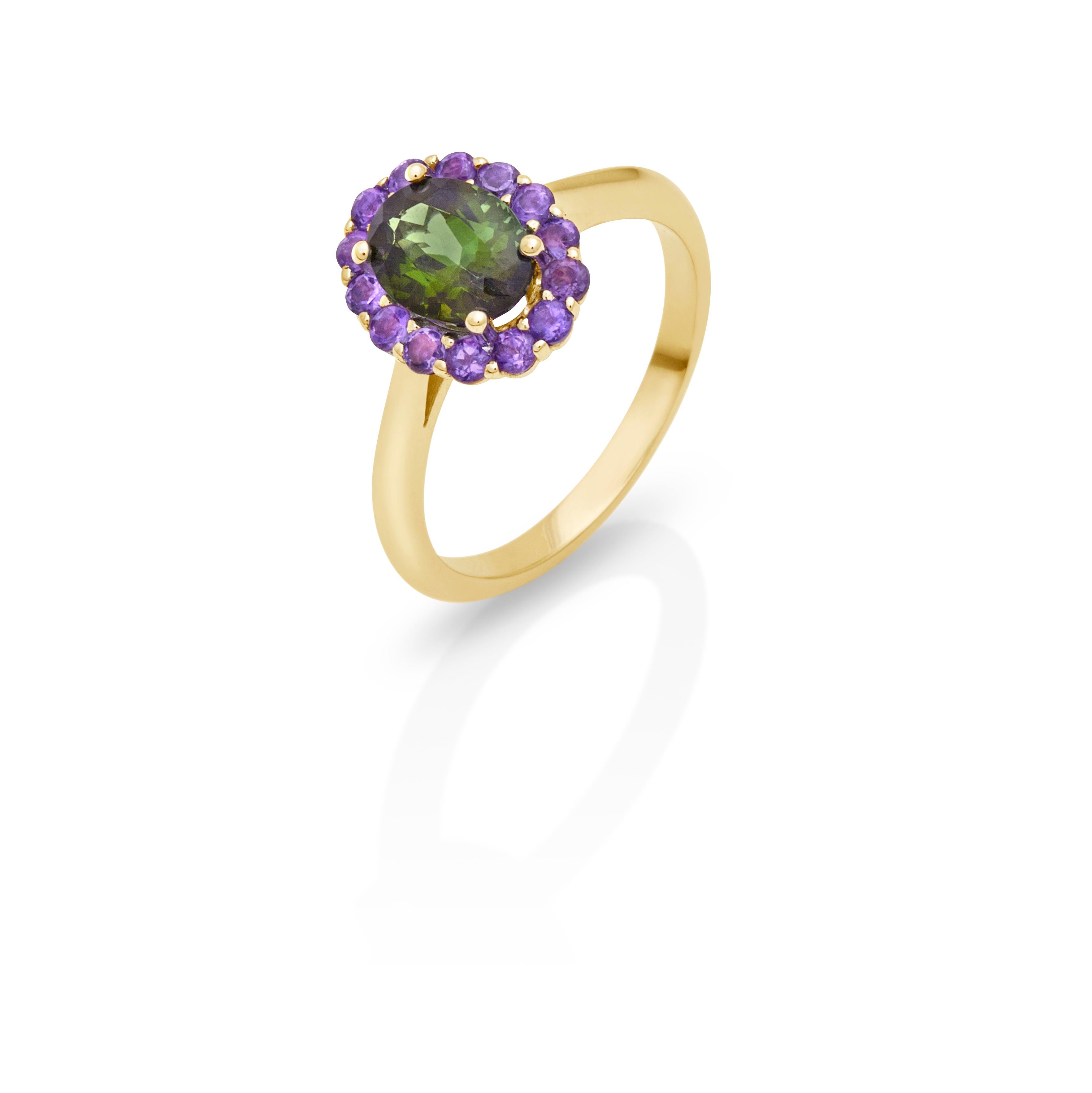 For Sale:  Ring 18 Kt White Gold with Tourmaline and Amethyst Handcrafted Modern Cluster 5