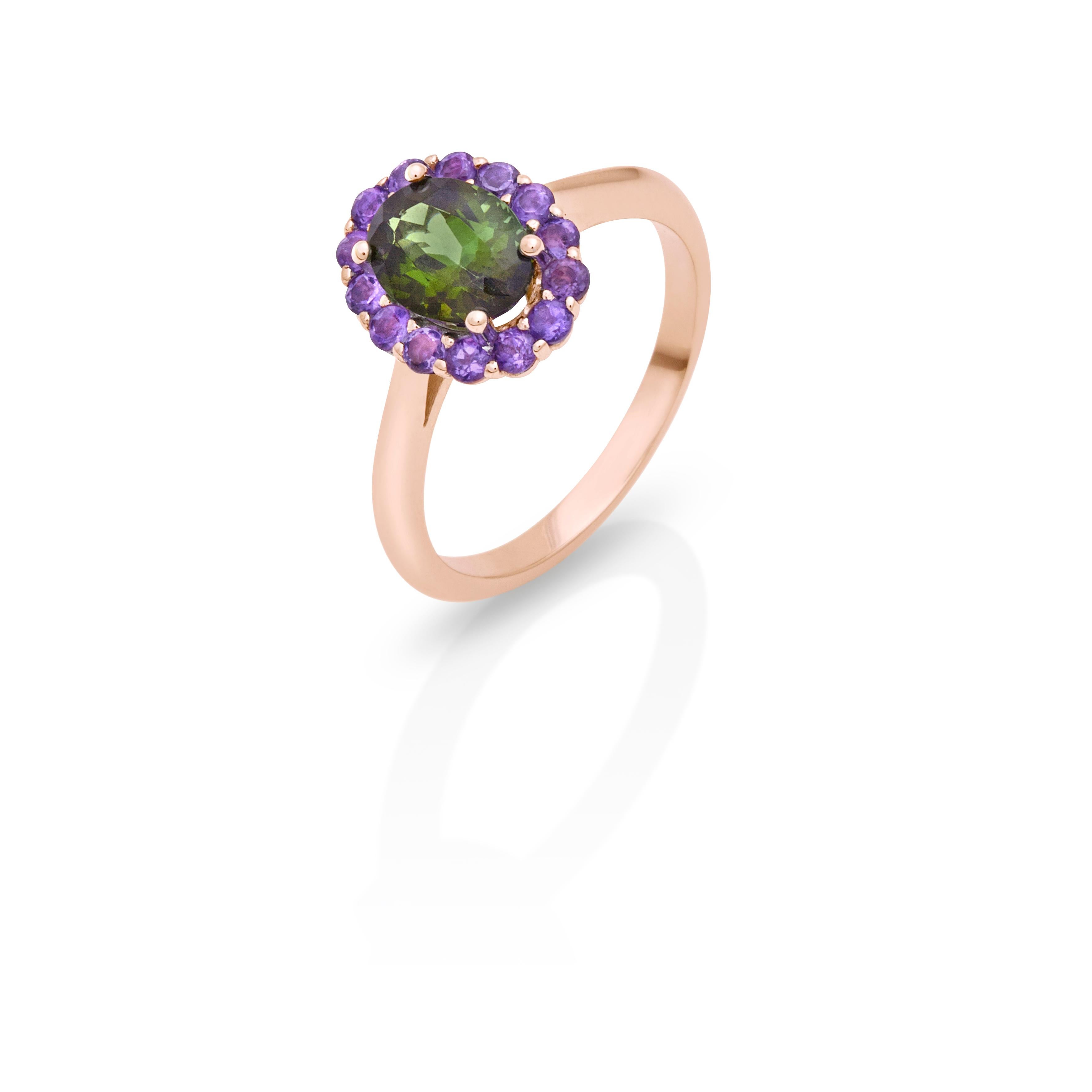 in vendita:  Anello in oro bianco 18 Kt con tormalina e ametista, realizzato a mano e moderno a grappolo 6