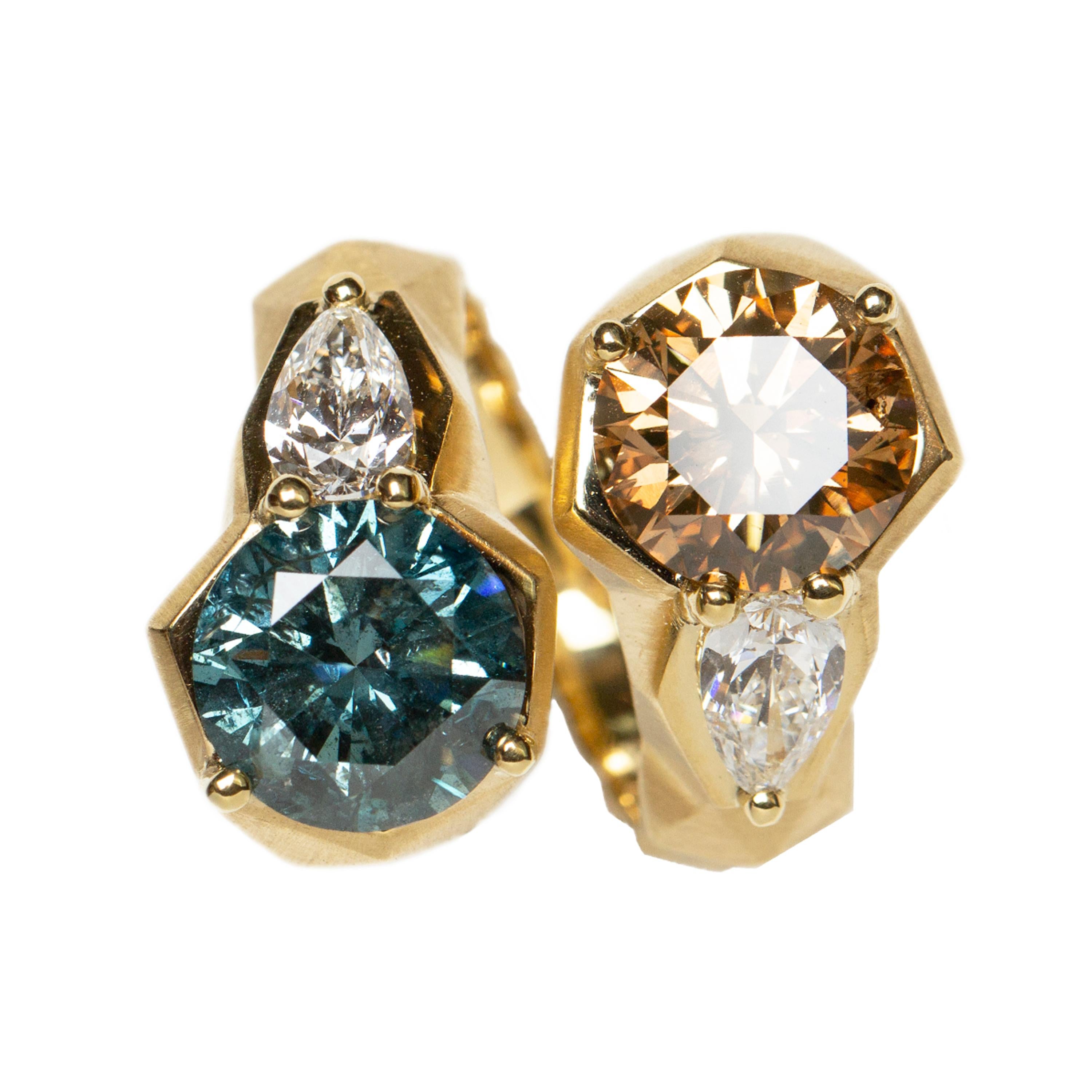 Designed exclusively by Ara Vartanian, this 18k Yellow Gold Ring features Blue, Brown and two White Diamonds. 
For this ring is made exclusively by Ara Vartanian, bespoke alterations can be accommodated, such as changes in metals, gemstones, stone