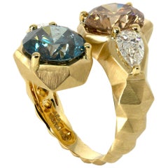 Blue, Brown & White Diamonds 18k Yellow Gold Ring