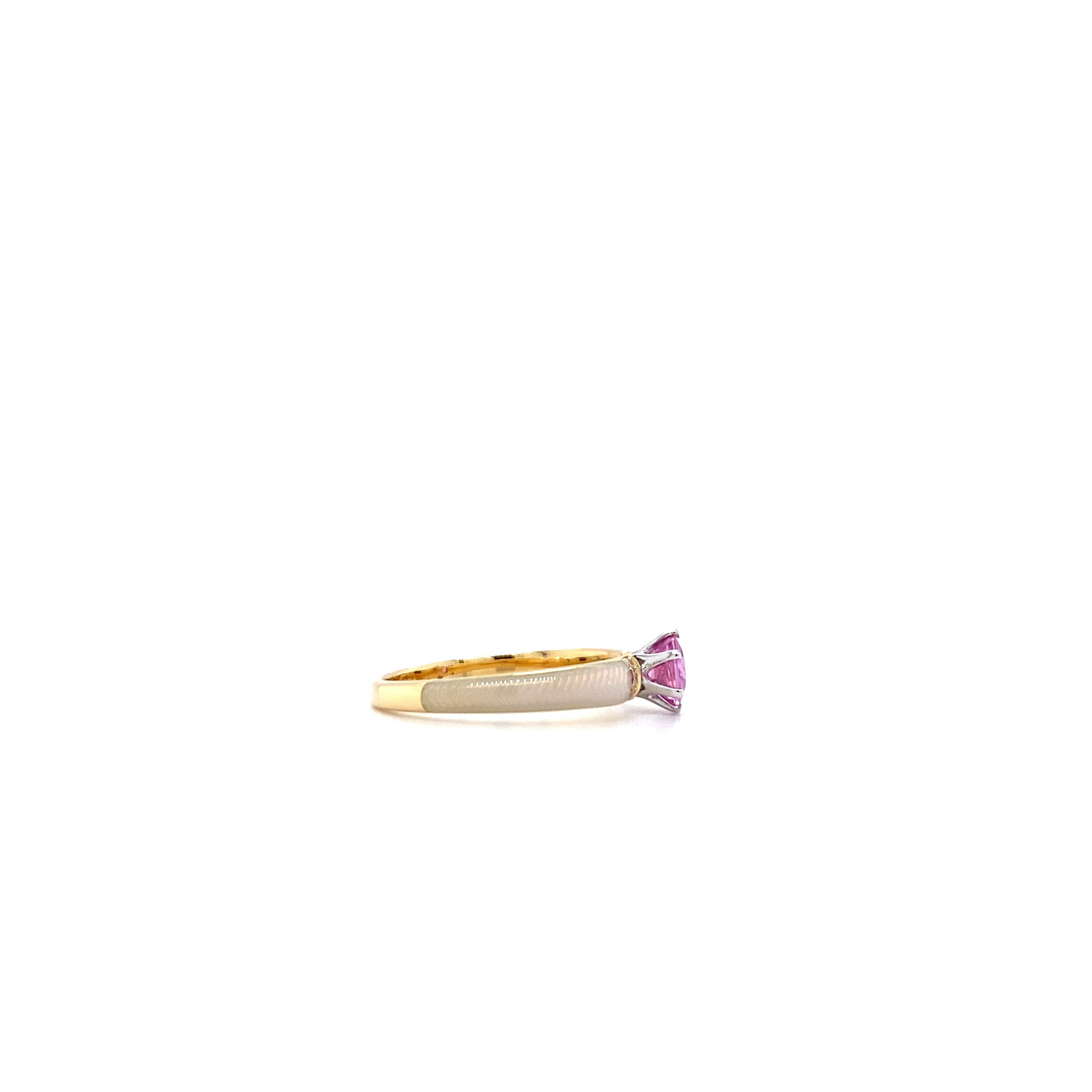Brilliant Cut Ring 18k Yellow White Gold Opal White Enamel 6 Diamonds 0.04ct G VS Pink Saphire For Sale