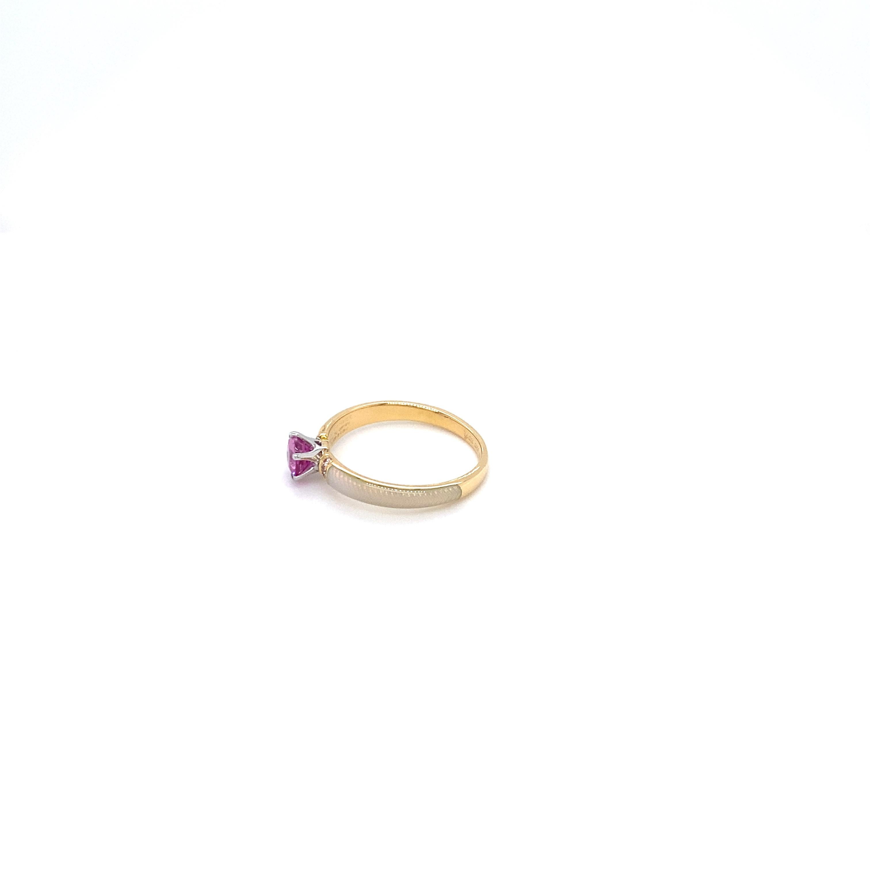 Ring 18k Yellow White Gold Opal White Enamel 6 Diamonds 0.04ct G VS Pink Saphire For Sale 3