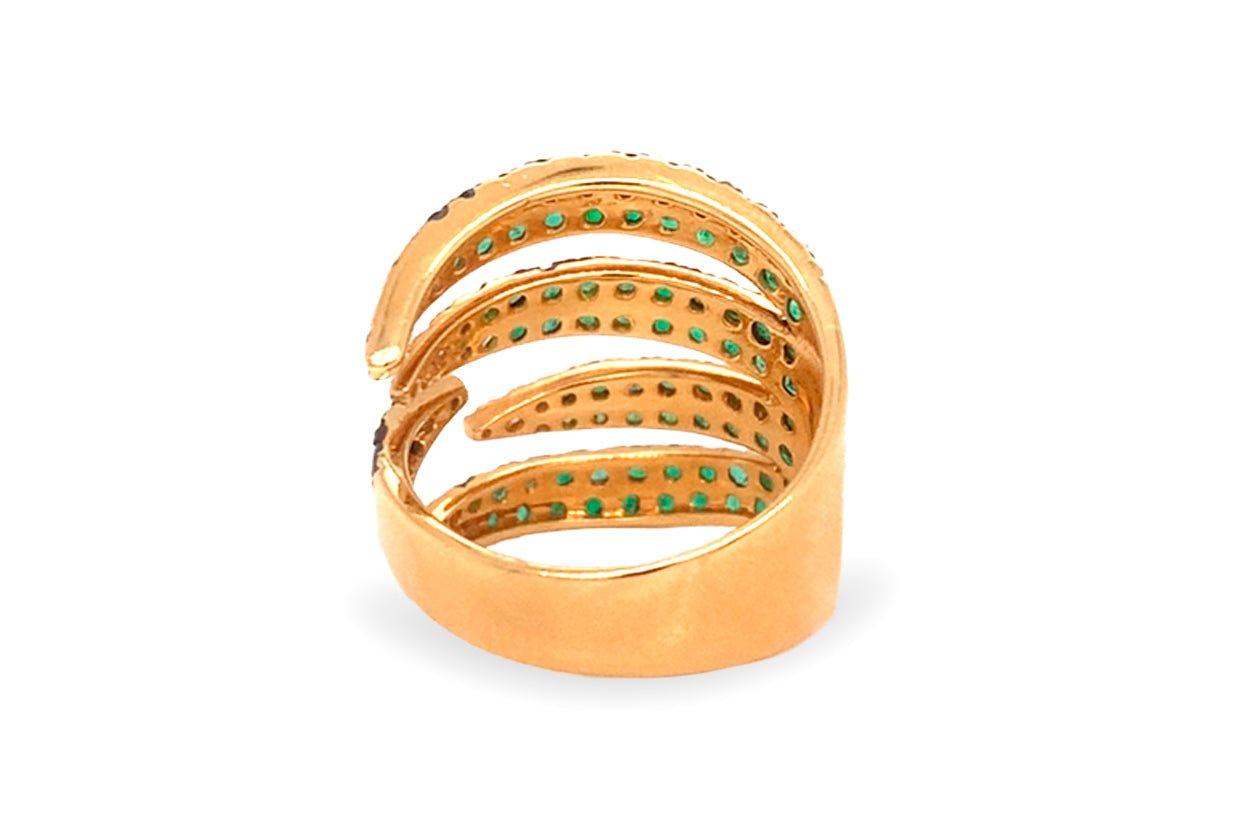 Contemporary Ring 18kt Gold Claw Wrapping with Emeralds 1.52 cts. & Diamonds 0.28 cts. For Sale