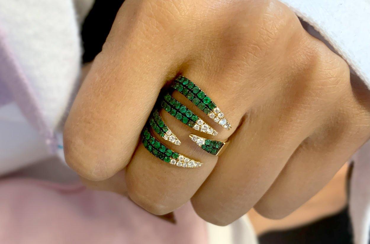 Emerald Cut Ring 18kt Gold Claw Wrapping with Emeralds 1.52 cts. & Diamonds 0.28 cts. For Sale