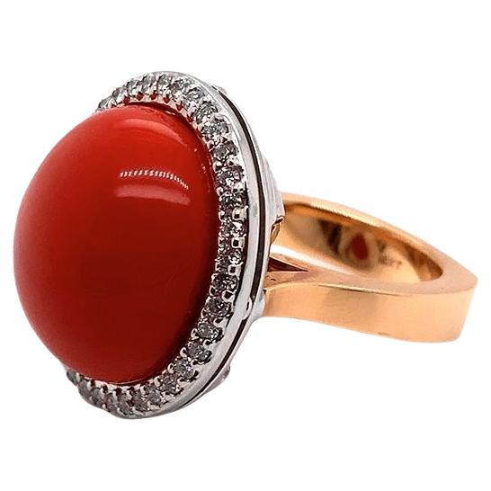 Ring 18kt Gold Coral Cabochon & Diamonds 0.60 carats  For Sale