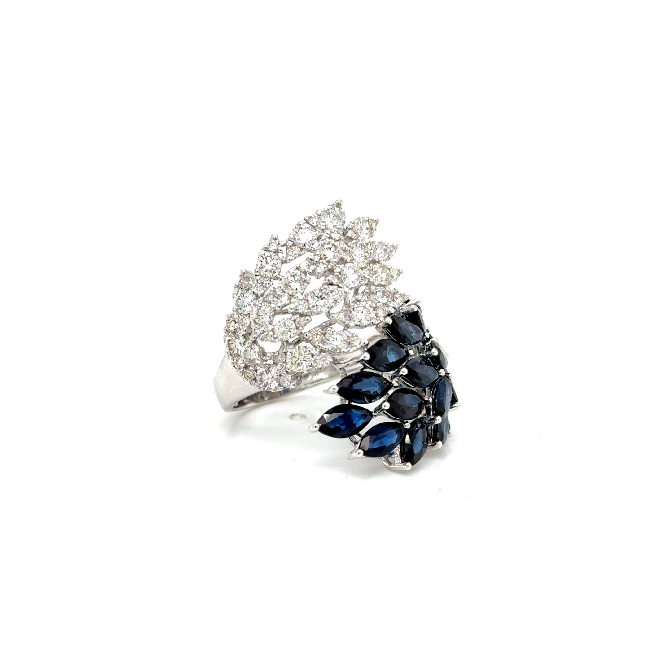 Round Cut Ring 18kt Gold Leaves Marquise Blue Sapphire & Round Diamonds For Sale