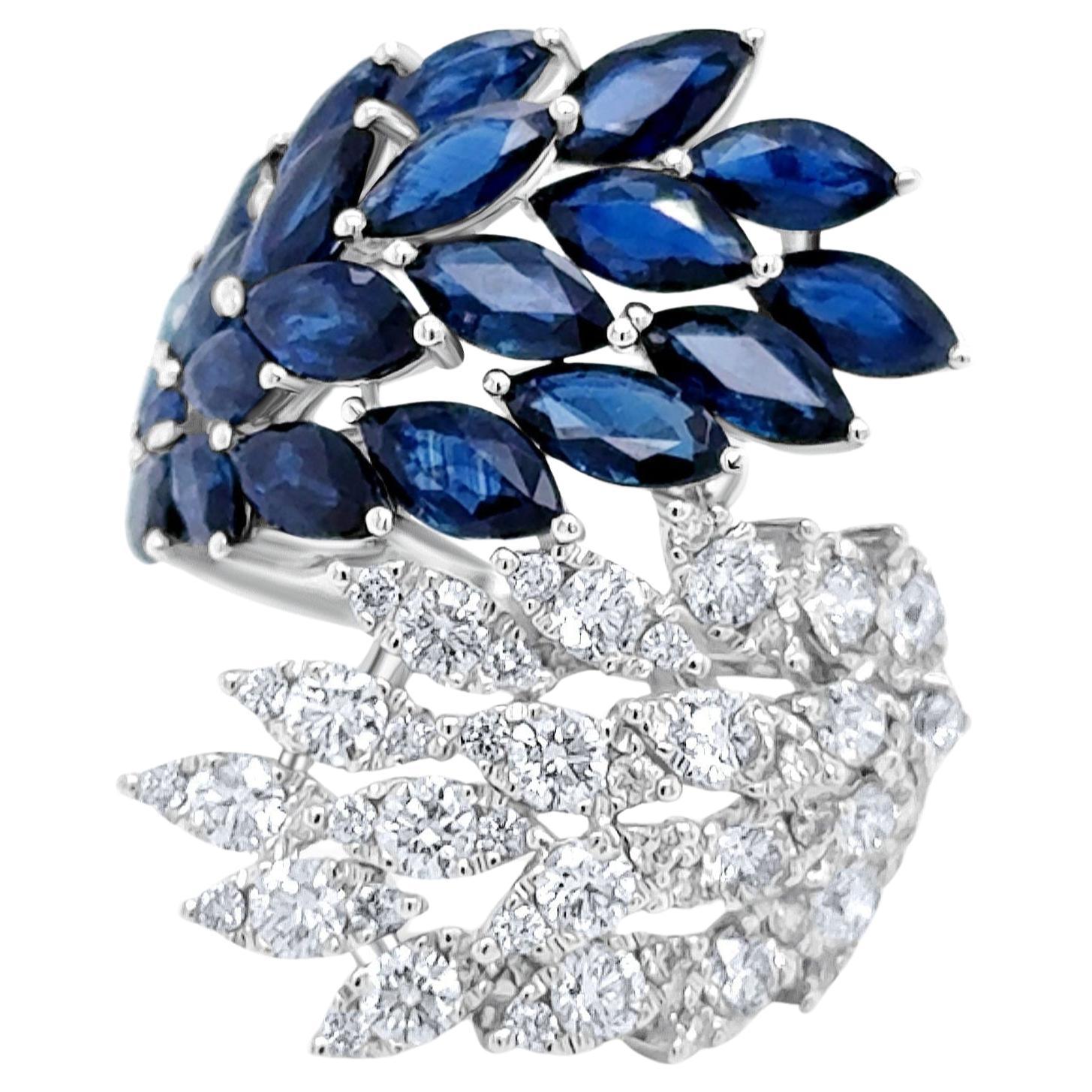 Ring 18kt Gold Leaves Marquise Blue Sapphire & Round Diamonds