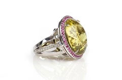 Ring 18kt Gold Lemon Citrine 56 cts., Diamonds 0.42 cts. & Sapphires 0.90 cts.